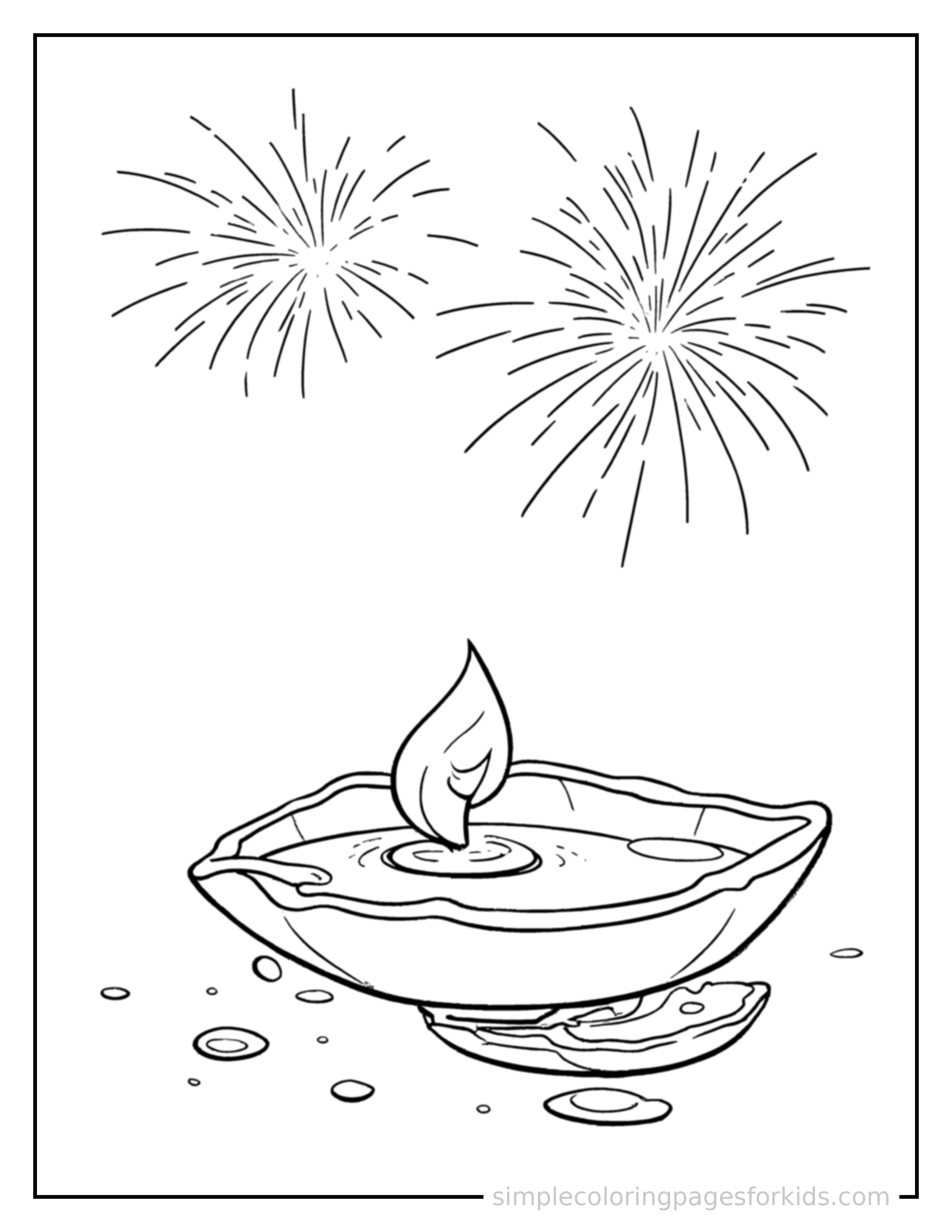 Free printable diwali oil lamps and fireworks coloring page featuring a cute Diwali oil lamps and fireworks, shown from a slightly different angle with small decorative sparkle marks nearby.