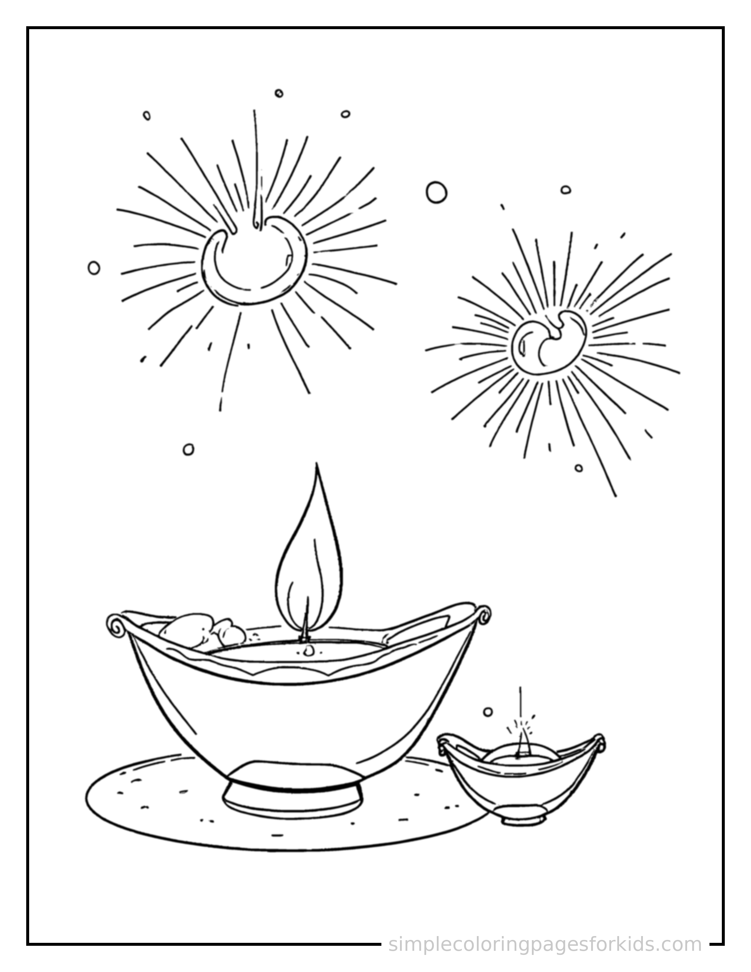 Free printable diwali oil lamps and fireworks coloring page featuring a cute Diwali oil lamps and fireworks, shown with a smaller mini version of itself beside it.