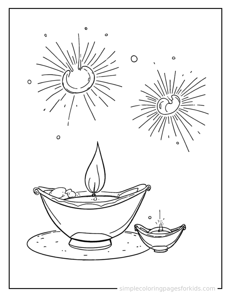 Coloring Scene 3 Diwali Oil Lamps And Fireworks Coloring Page