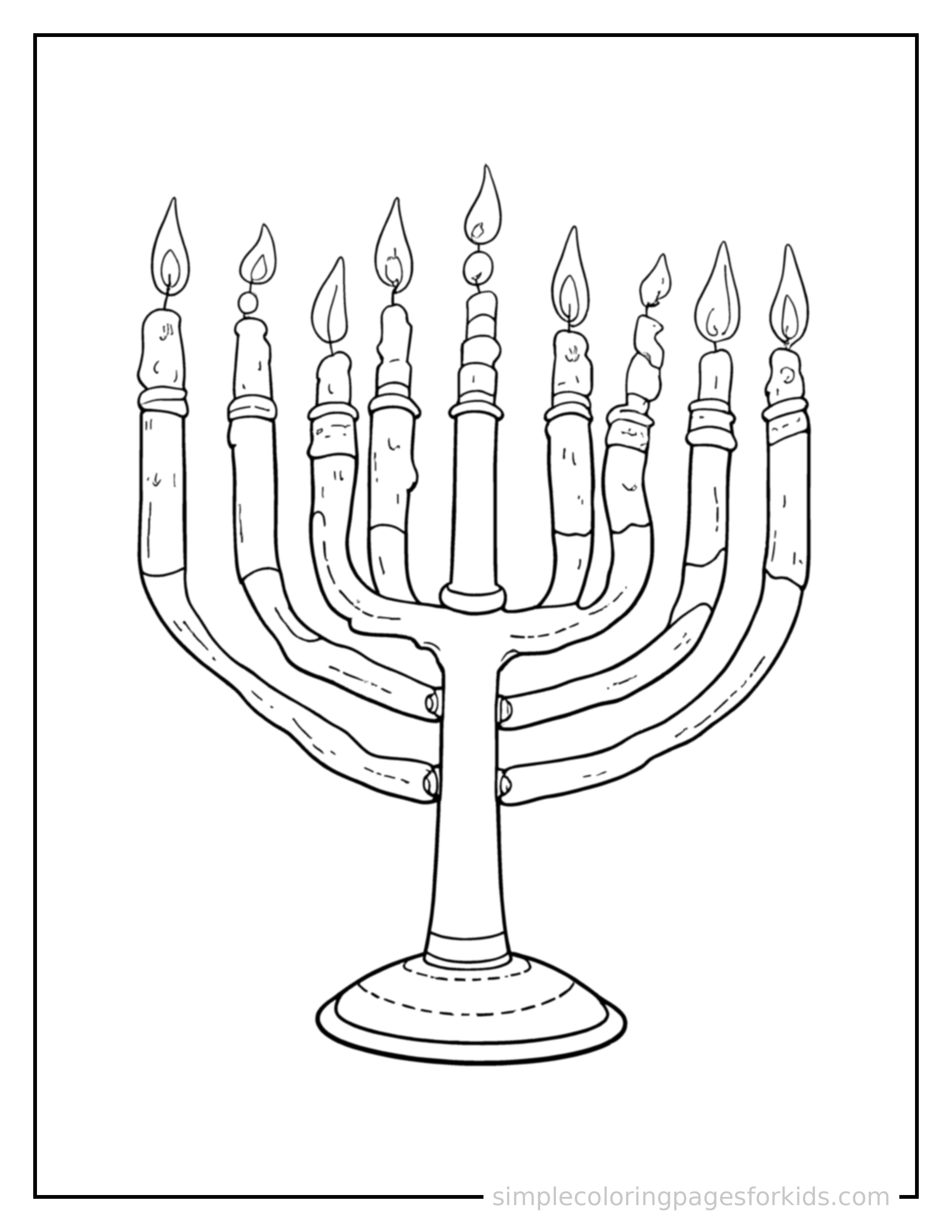 Free printable hanukkah menorah with candles coloring page featuring a cute Hanukkah menorah with candles, shown as a simple central illustration with a cute smiling face.