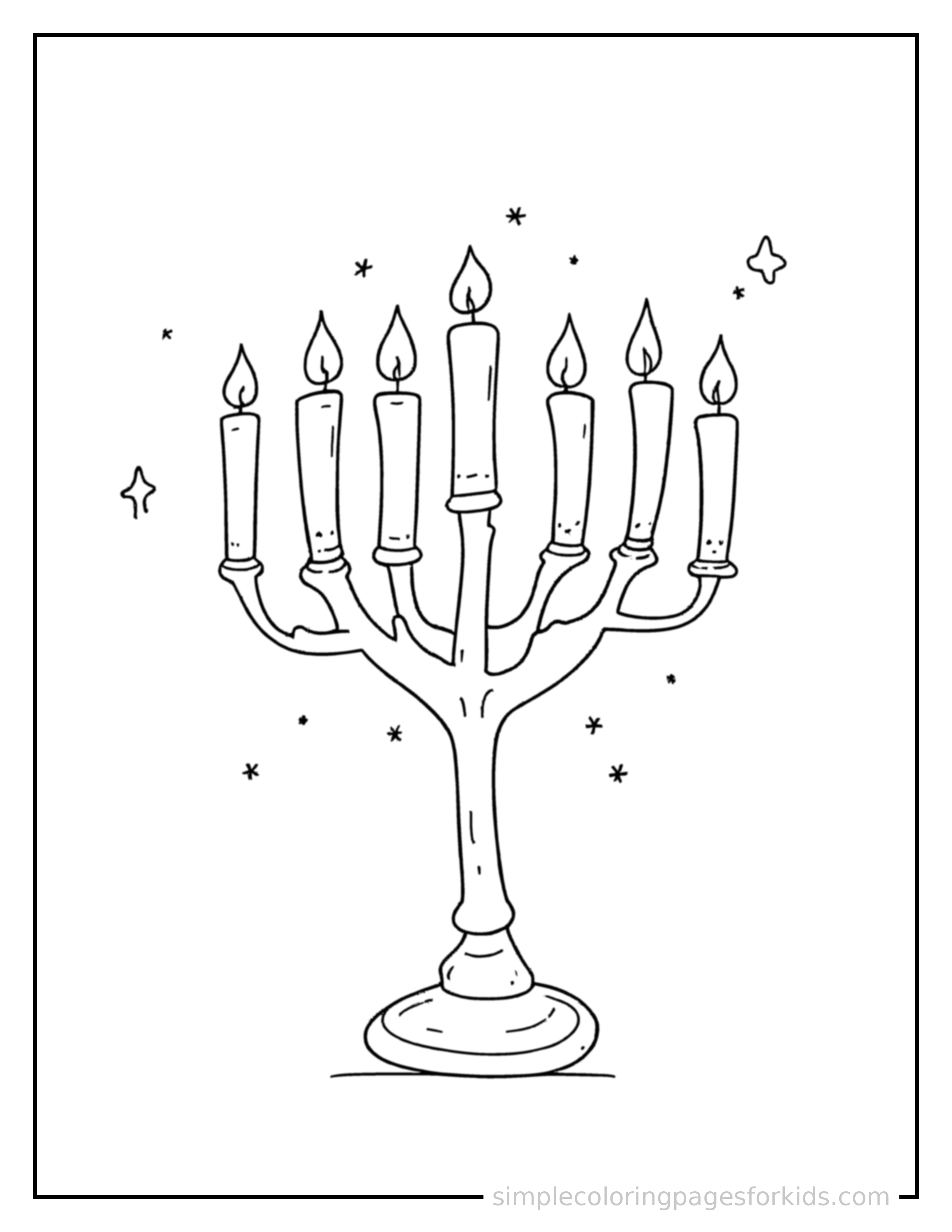 Free printable hanukkah menorah with candles coloring page featuring a cute Hanukkah menorah with candles, shown from a slightly different angle with small decorative sparkle marks nearby.