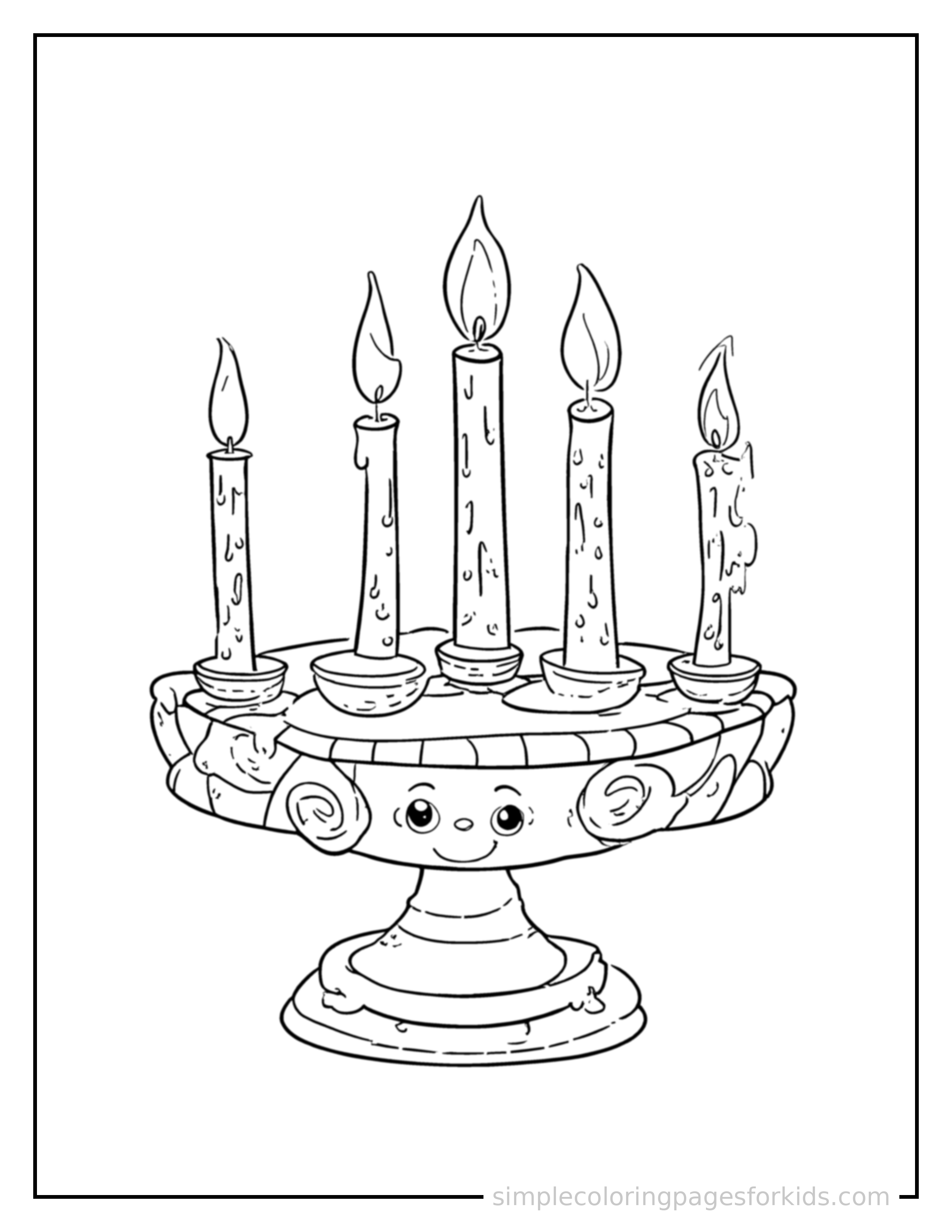 Free printable kwanzaa candle holder with seven candles coloring page featuring a cute Kwanzaa candle holder with seven candles, shown as a simple central illustration with a cute smiling face.