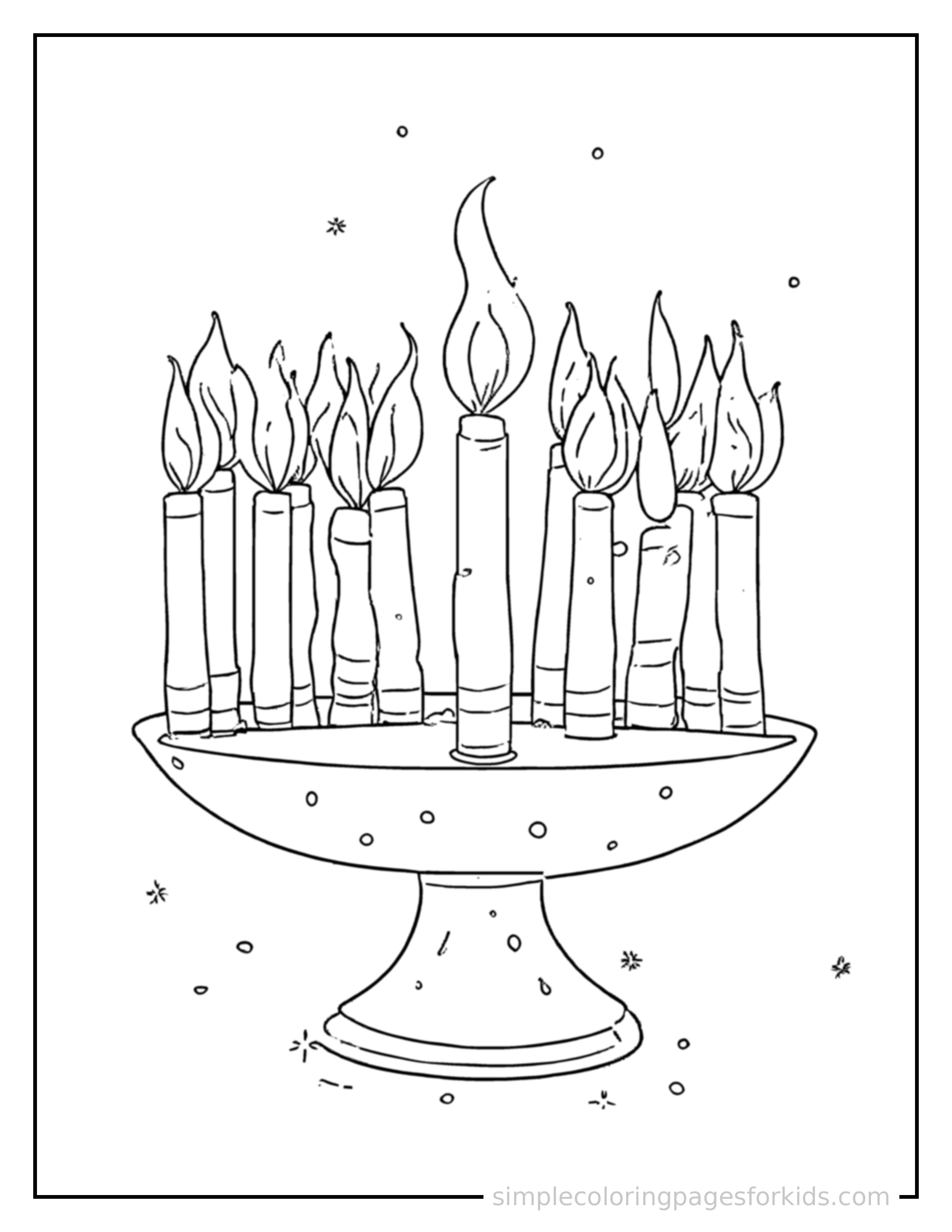 Free printable kwanzaa candle holder with seven candles coloring page featuring a cute Kwanzaa candle holder with seven candles, shown from a slightly different angle with small decorative sparkle marks nearby.