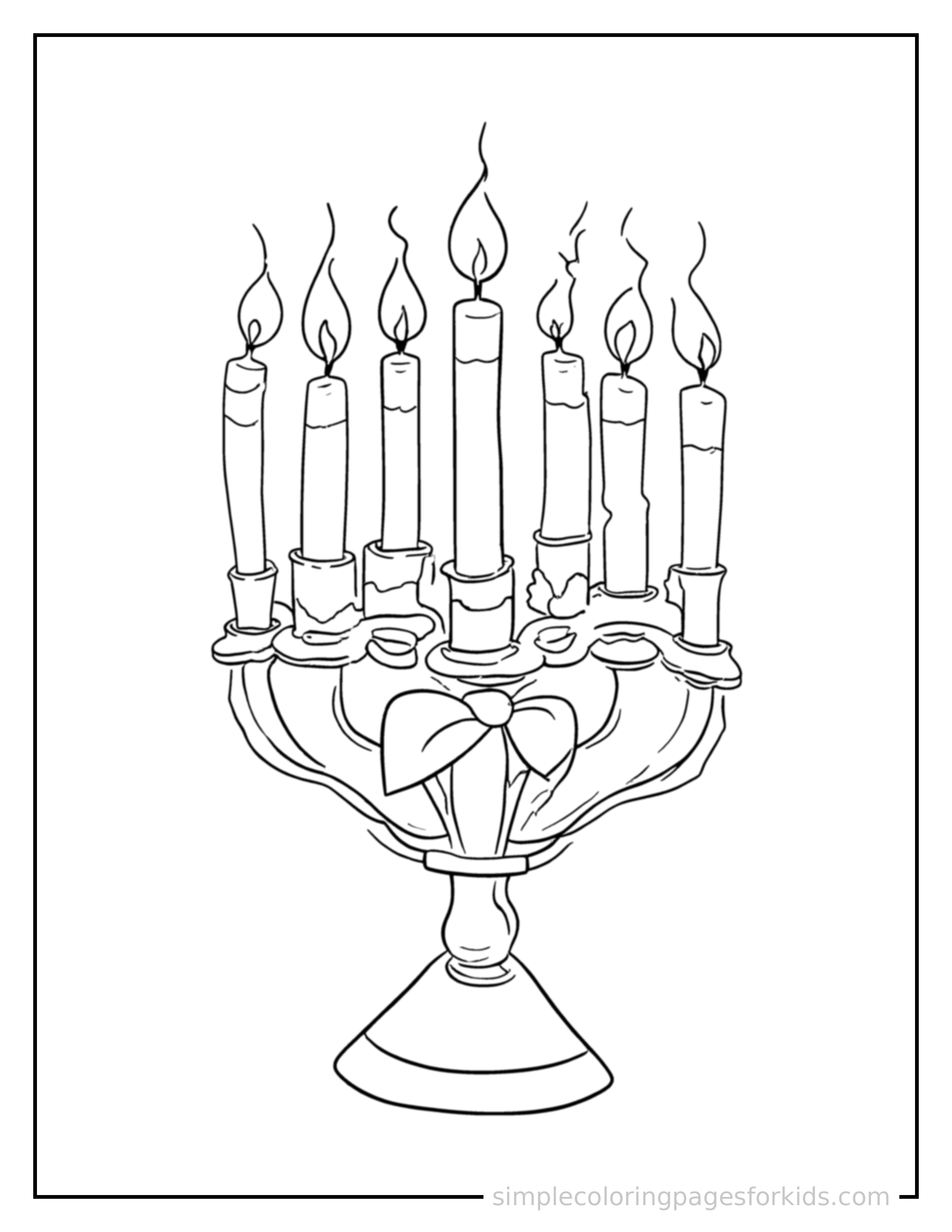 Free printable kwanzaa candle holder with seven candles coloring page featuring a cute Kwanzaa candle holder with seven candles, decorated with a simple bow or ribbon for a festive touch.