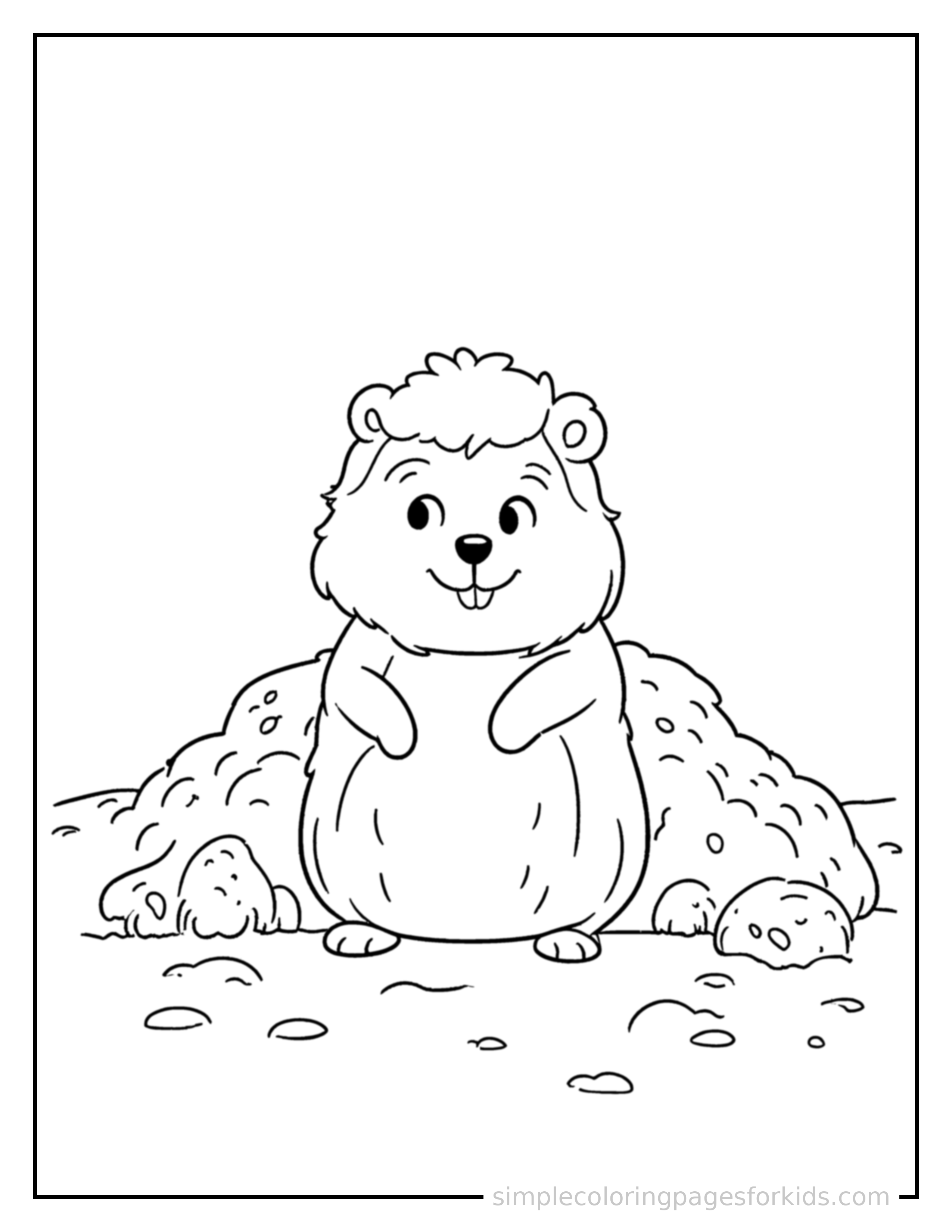 Free printable groundhog day groundhog peeking from its burrow coloring page featuring a cute Groundhog Day groundhog peeking from its burrow, shown as a simple central illustration with a cute smiling face.