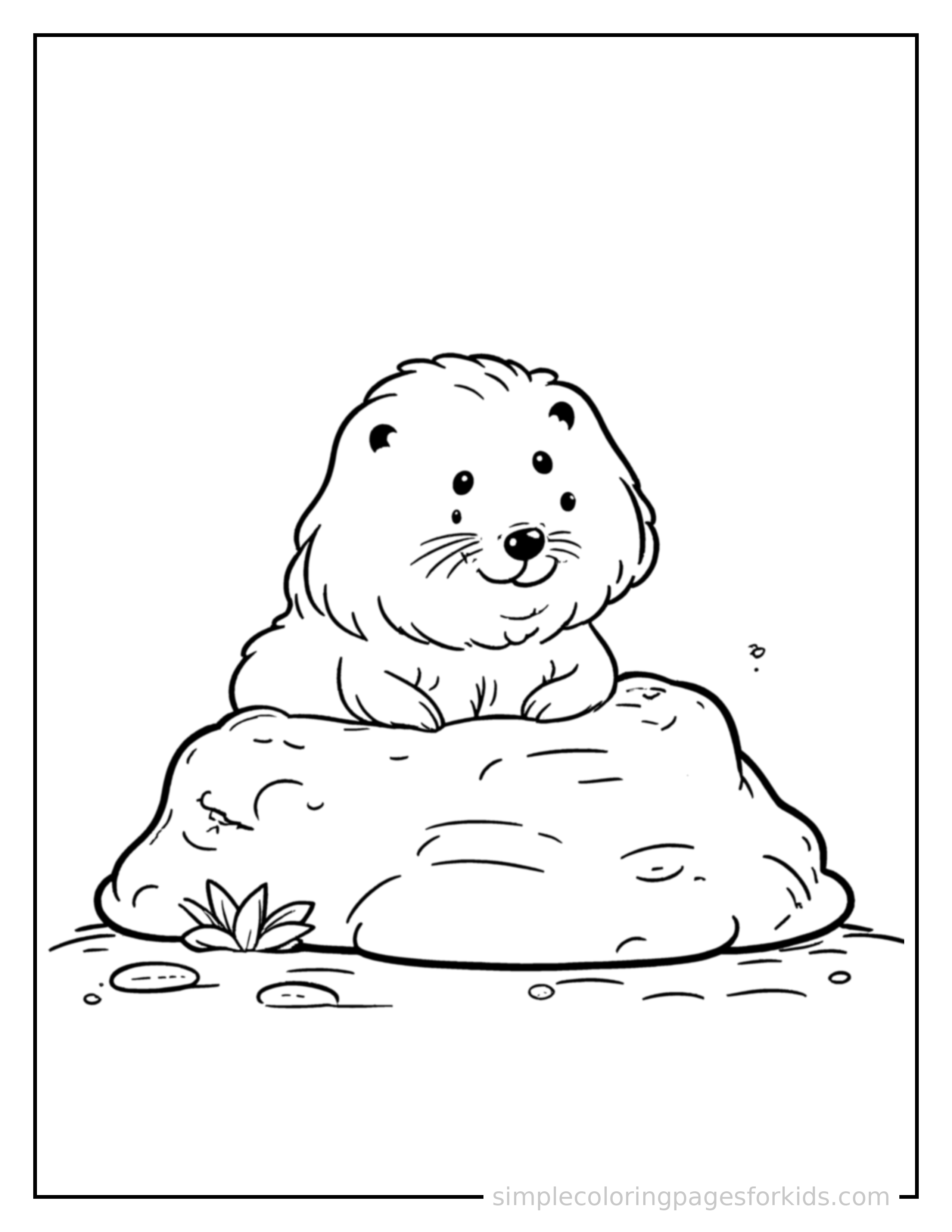 Free printable groundhog day groundhog peeking from its burrow coloring page featuring a cute Groundhog Day groundhog peeking from its burrow, shown from a slightly different angle with small decorative sparkle marks nearby.