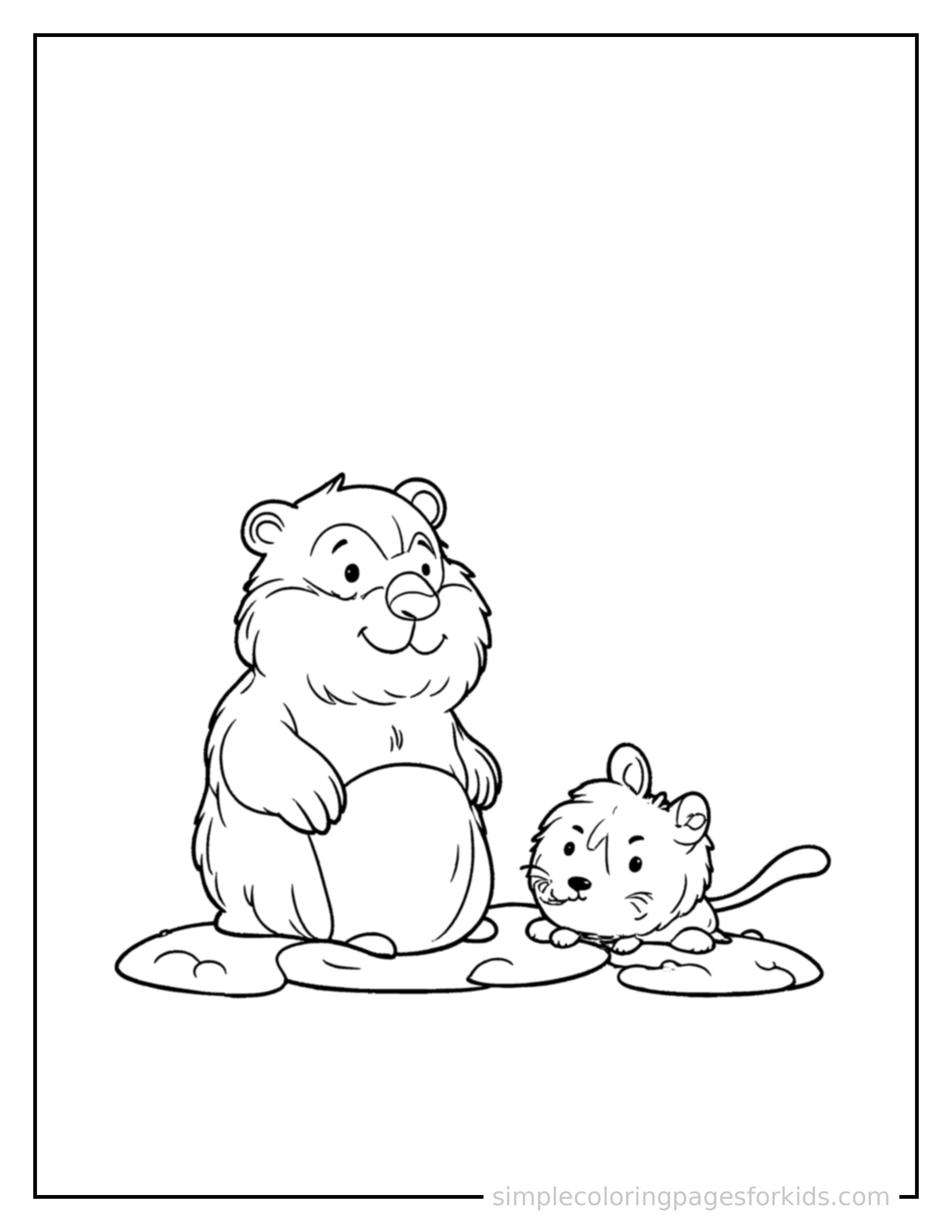 Free printable groundhog day groundhog peeking from its burrow coloring page featuring a cute Groundhog Day groundhog peeking from its burrow, shown with a smaller mini version of itself beside it.