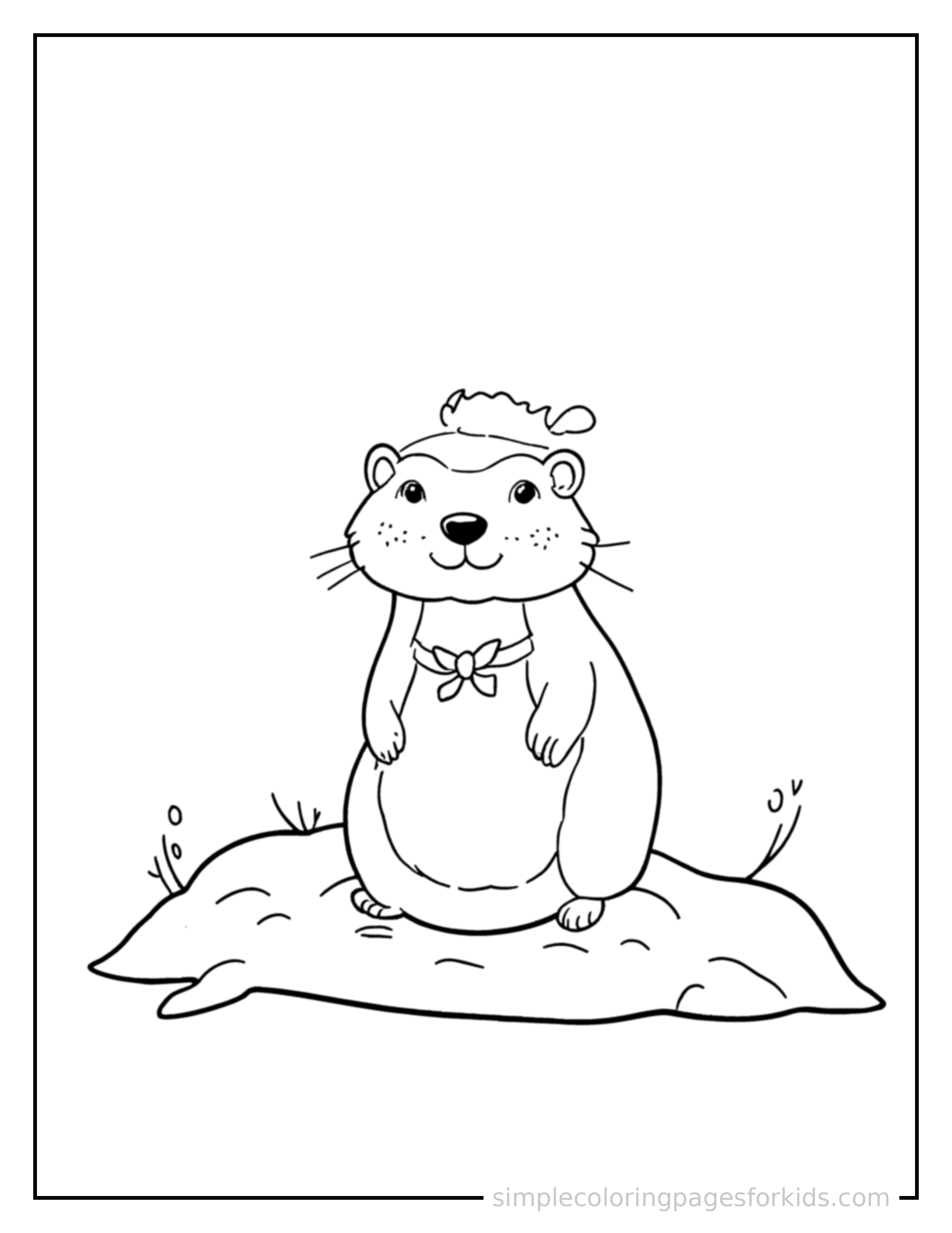 Free printable groundhog day groundhog peeking from its burrow coloring page featuring a cute Groundhog Day groundhog peeking from its burrow, decorated with a simple bow or ribbon for a festive touch.