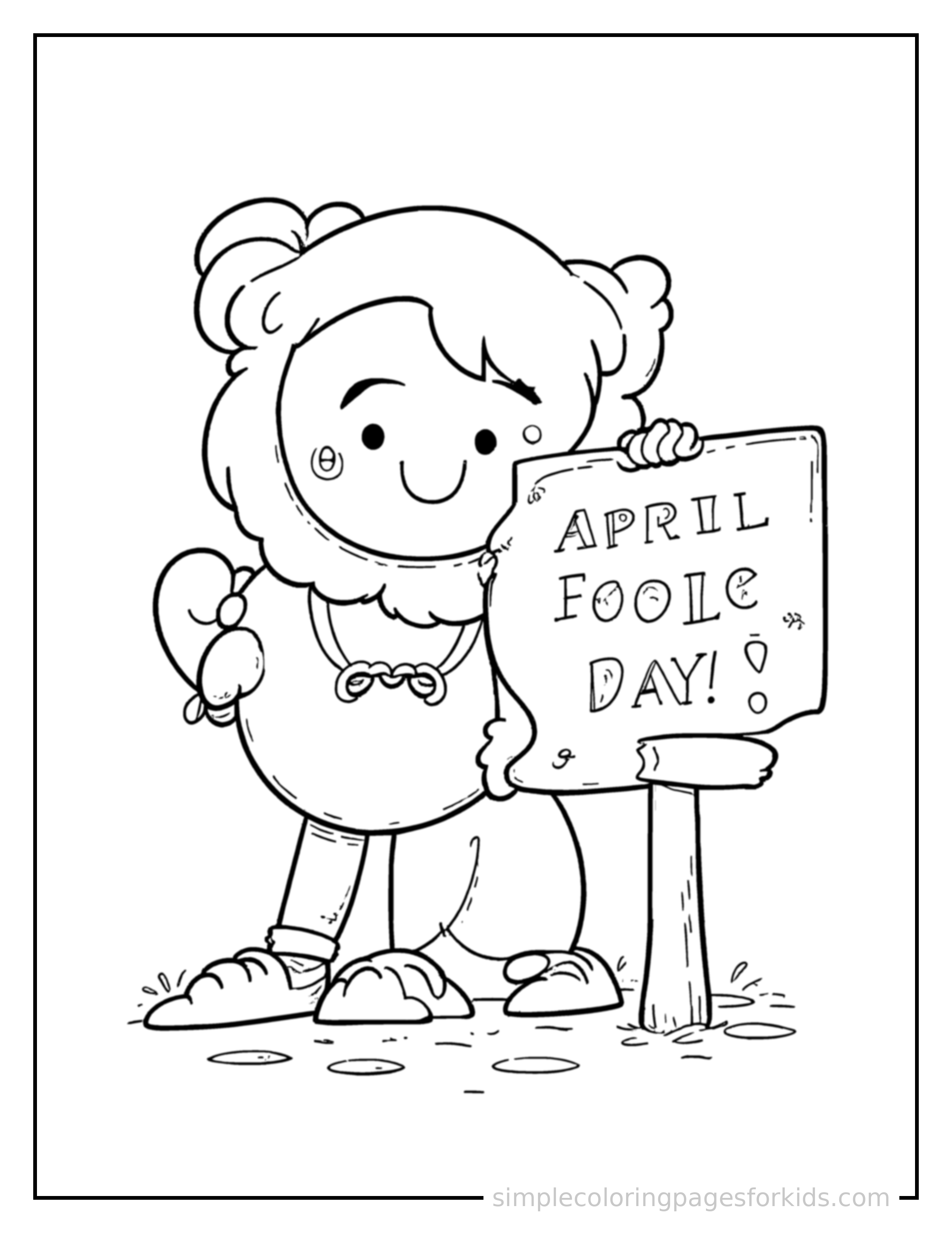 Free printable april fools' day whoopee cushion and a prank sign coloring page featuring a cute April Fools' Day whoopee cushion and a prank sign, shown as a simple central illustration with a cute smiling face.
