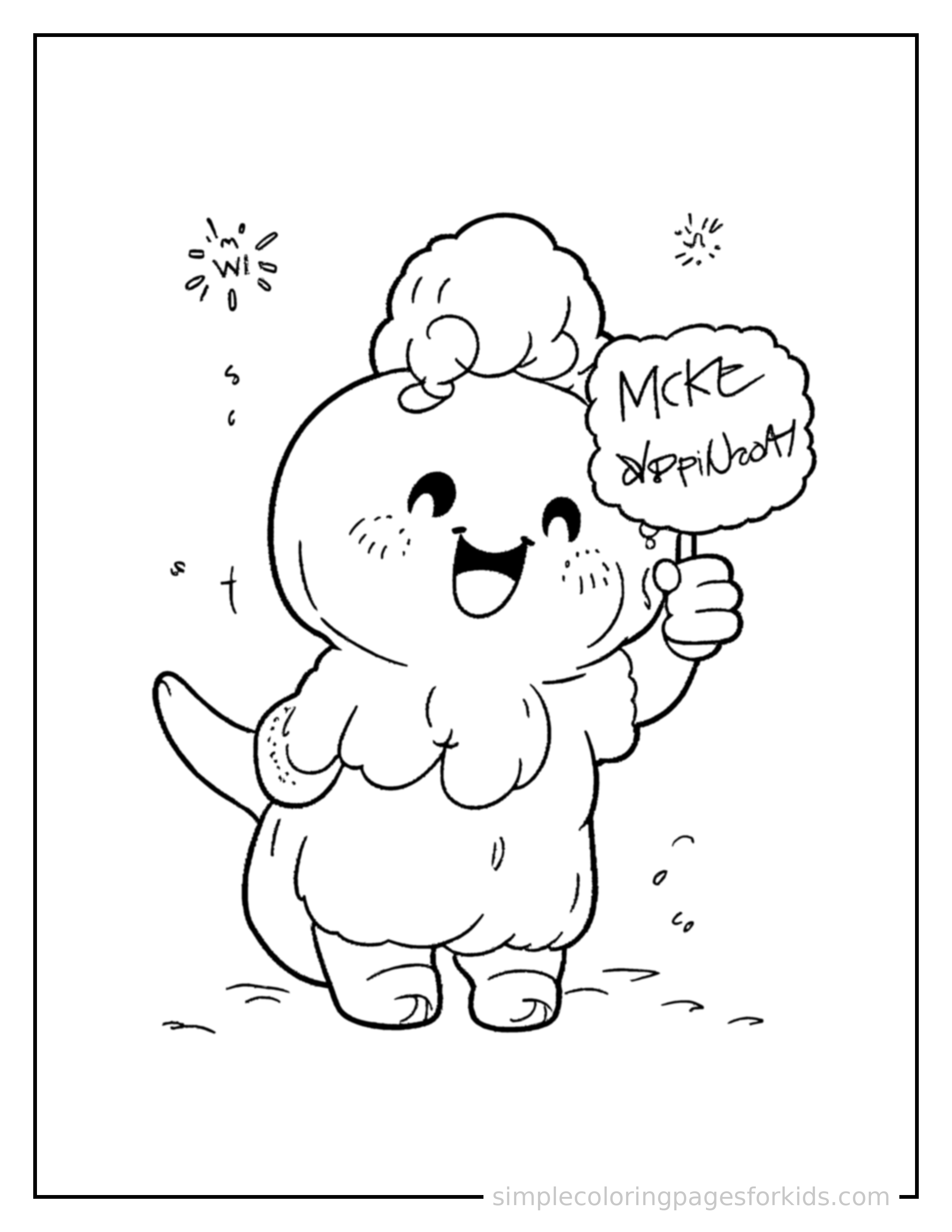 Free printable april fools' day whoopee cushion and a prank sign coloring page featuring a cute April Fools' Day whoopee cushion and a prank sign, shown from a slightly different angle with small decorative sparkle marks nearby.