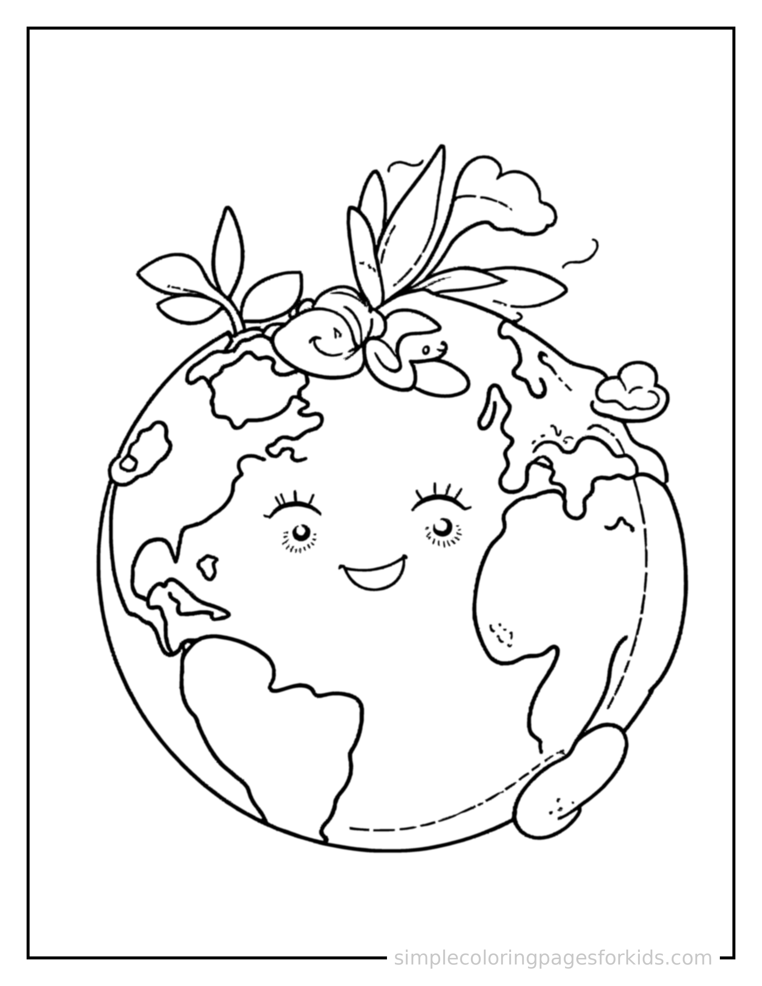 Free printable earth day globe with a green leaf coloring page featuring a cute Earth Day globe with a green leaf, shown as a simple central illustration with a cute smiling face.