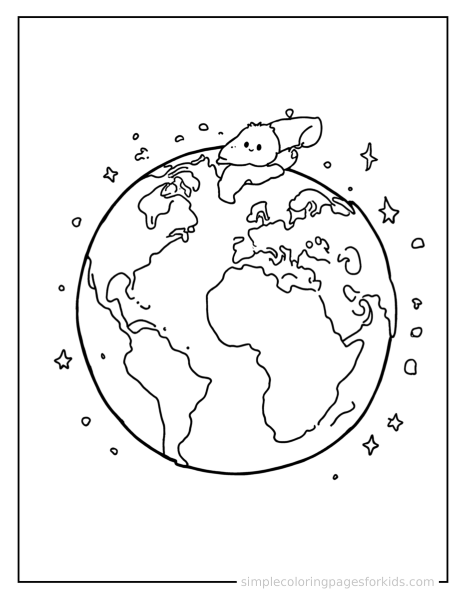 Sparkling Earth Day Globe With A Green Leaf Coloring Page