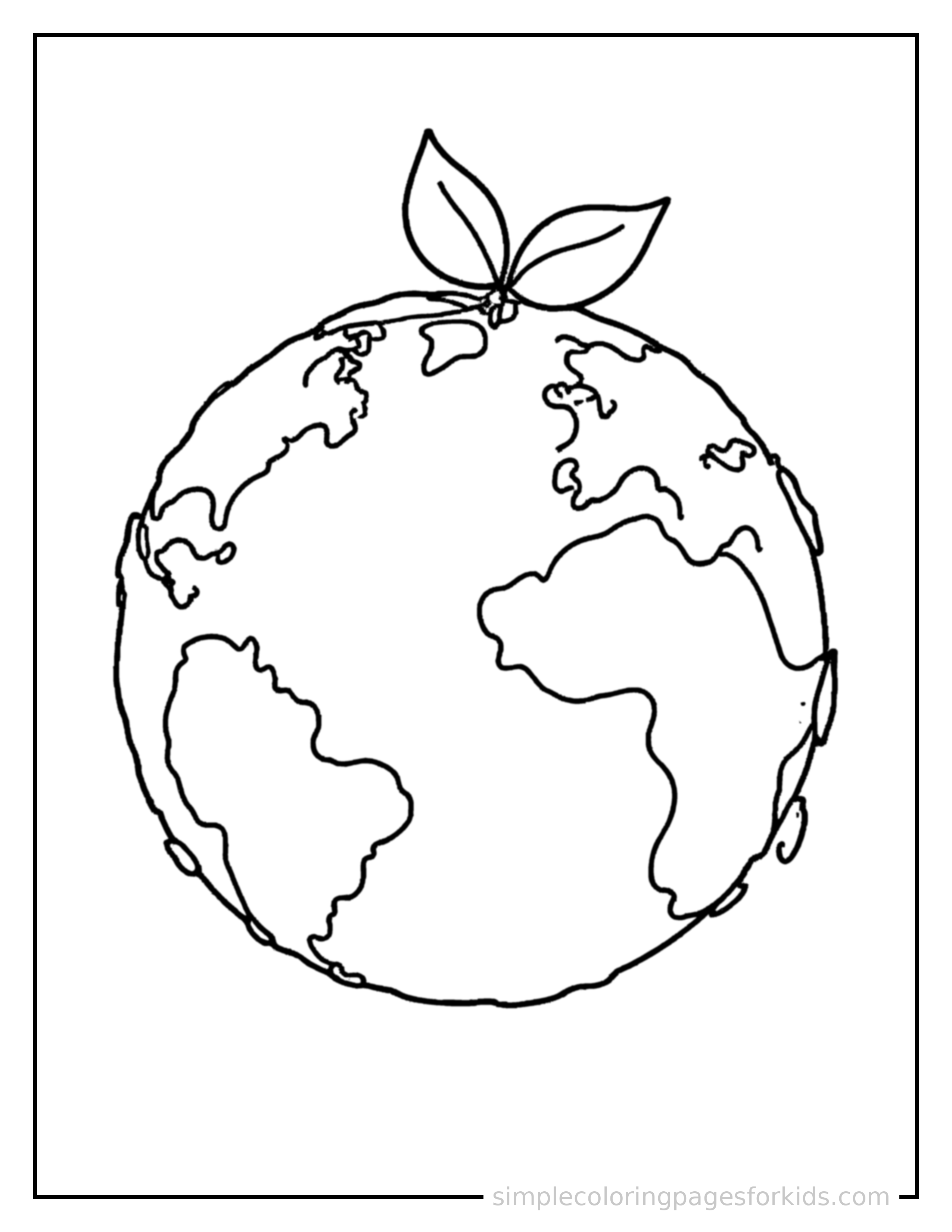 Free printable earth day globe with a green leaf coloring page featuring a cute Earth Day globe with a green leaf, shown with a smaller mini version of itself beside it.
