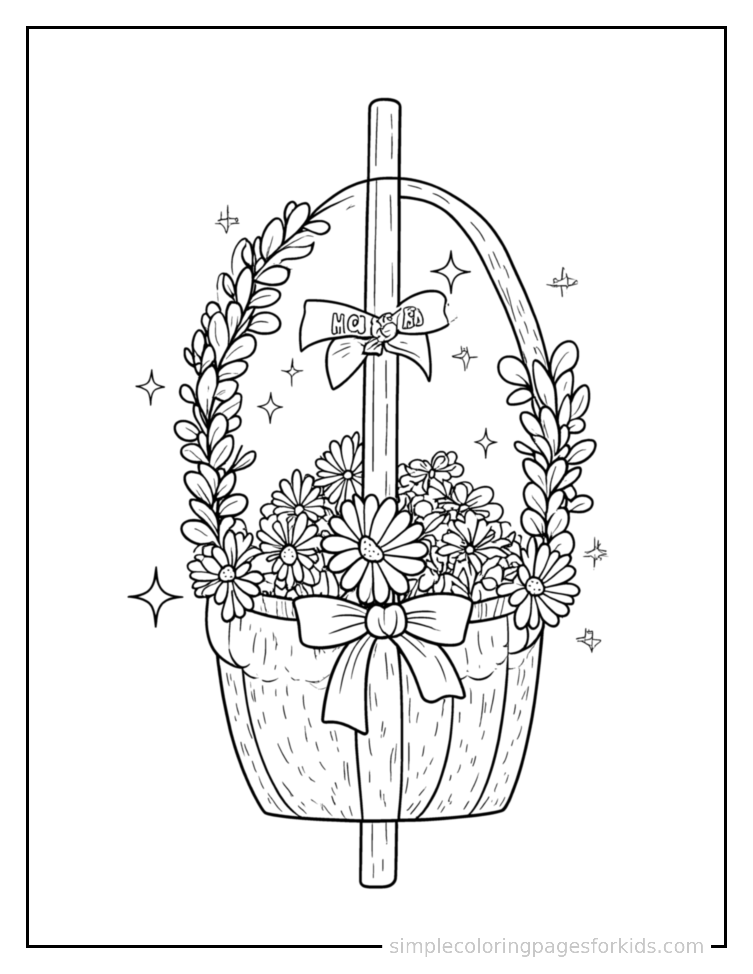 Free printable may day flower basket and ribbon pole coloring page featuring a cute May Day flower basket and ribbon pole, shown from a slightly different angle with small decorative sparkle marks nearby.