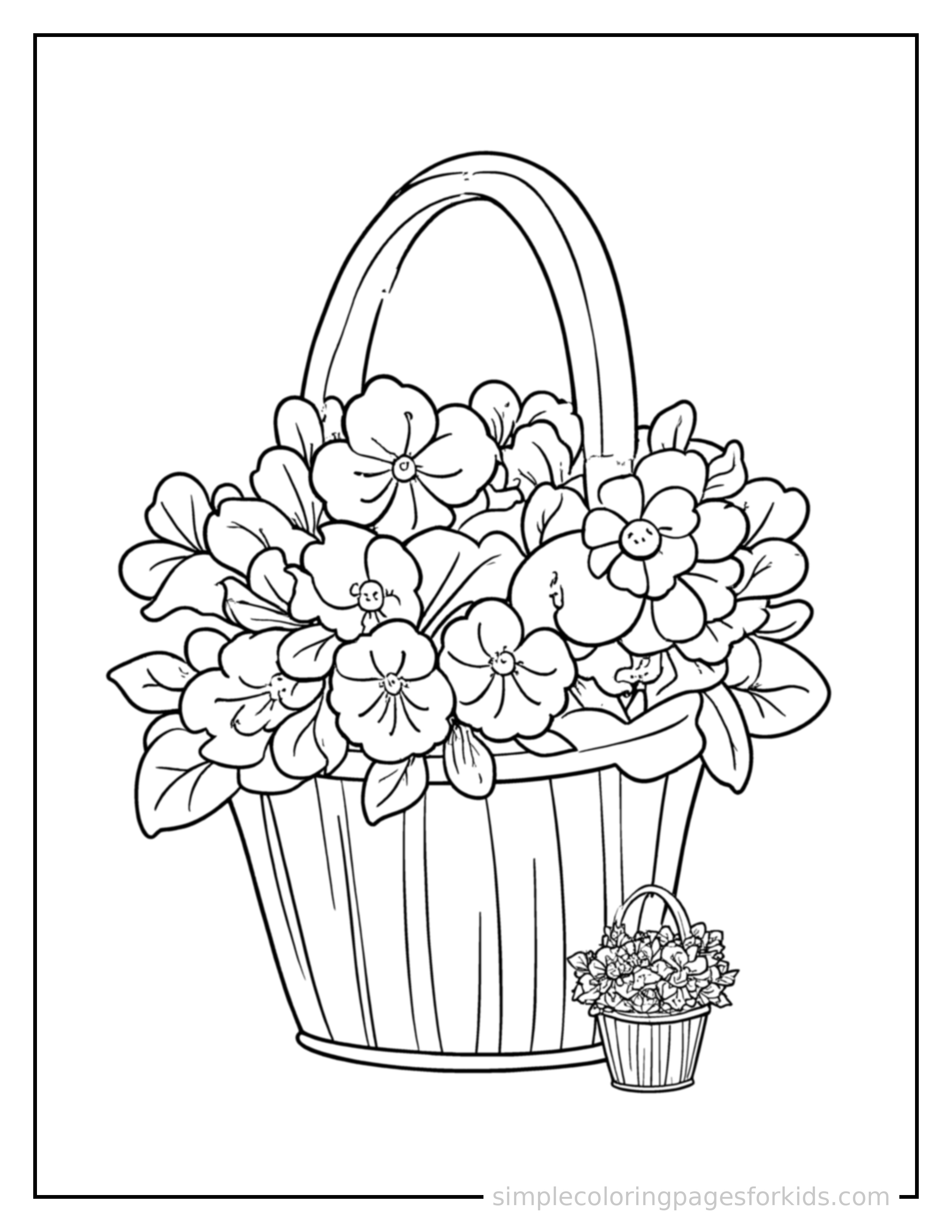 Free printable may day flower basket and ribbon pole coloring page featuring a cute May Day flower basket and ribbon pole, shown with a smaller mini version of itself beside it.
