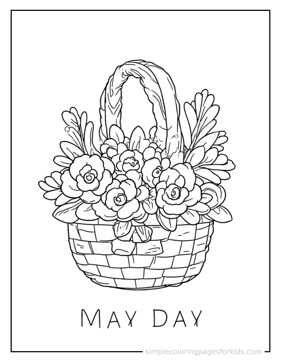 Coloring Scene 4 May Day Flower Basket And Ribbon Pole Coloring Page