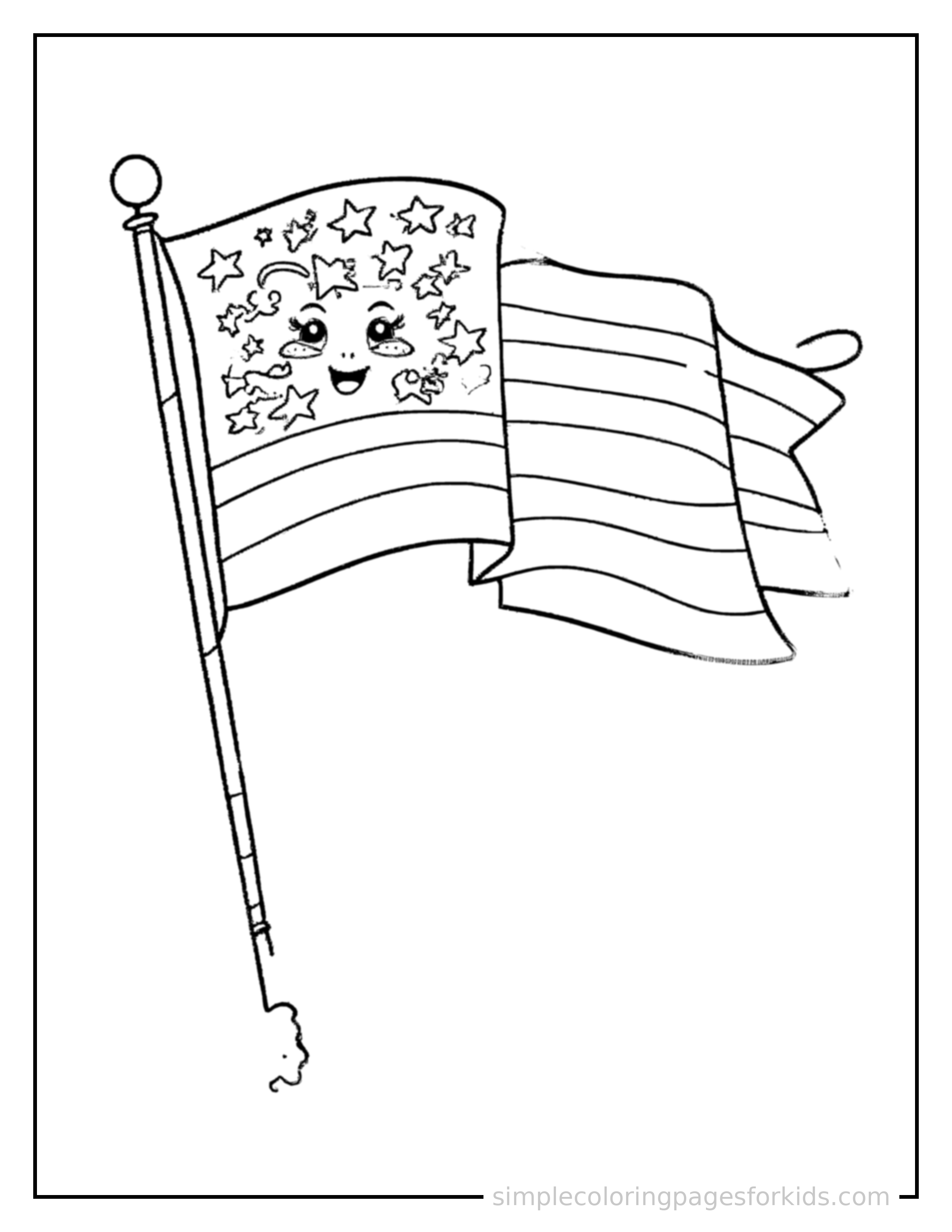 Free printable flag day waving flag on a pole coloring page featuring a cute Flag Day waving flag on a pole, shown as a simple central illustration with a cute smiling face.