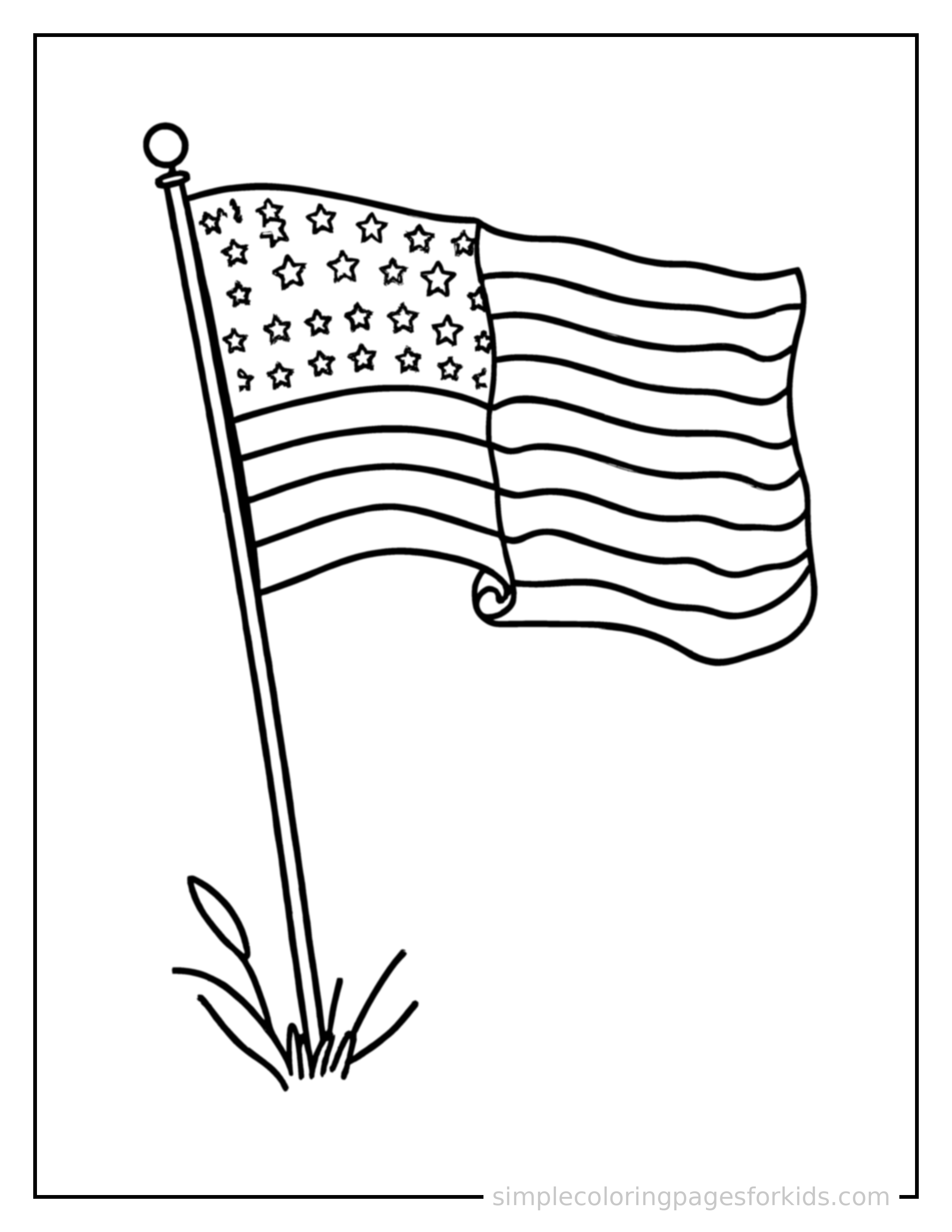Free printable flag day waving flag on a pole coloring page featuring a cute Flag Day waving flag on a pole, shown from a slightly different angle with small decorative sparkle marks nearby.