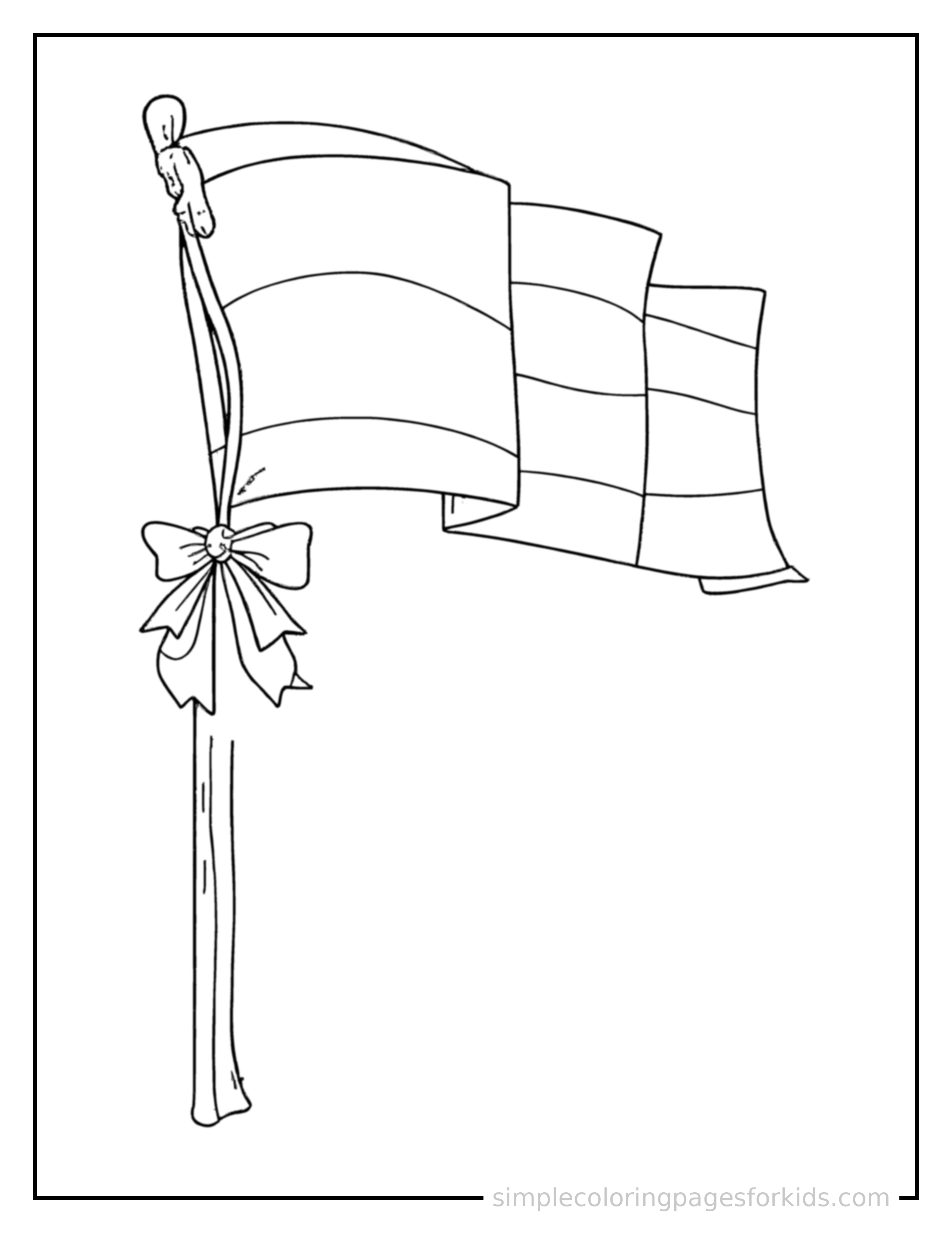 Free printable flag day waving flag on a pole coloring page featuring a cute Flag Day waving flag on a pole, decorated with a simple bow or ribbon for a festive touch.