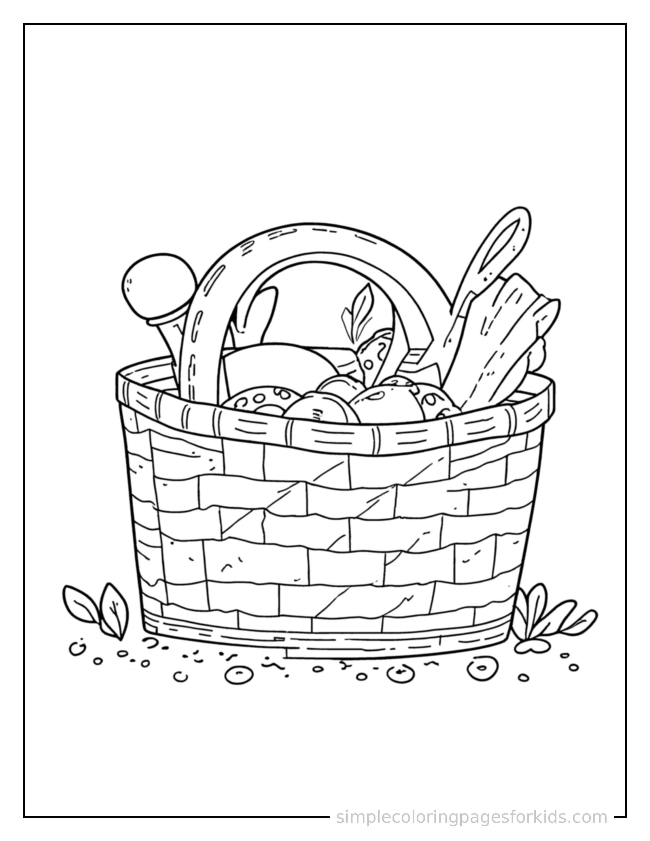 Free printable labor day picnic basket and tools coloring page featuring a cute Labor Day picnic basket and tools, shown as a simple central illustration with a cute smiling face.