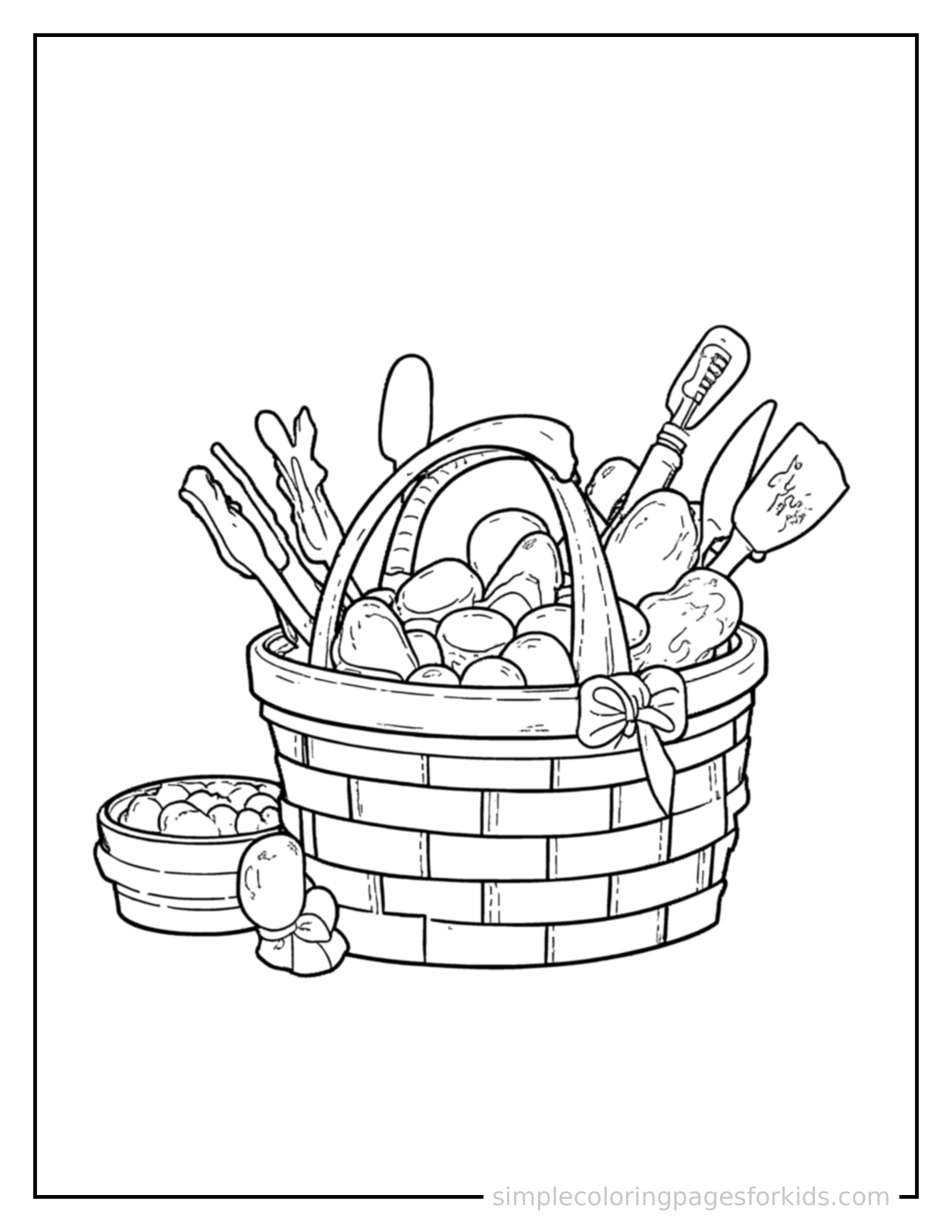 Free printable labor day picnic basket and tools coloring page featuring a cute Labor Day picnic basket and tools, shown with a smaller mini version of itself beside it.