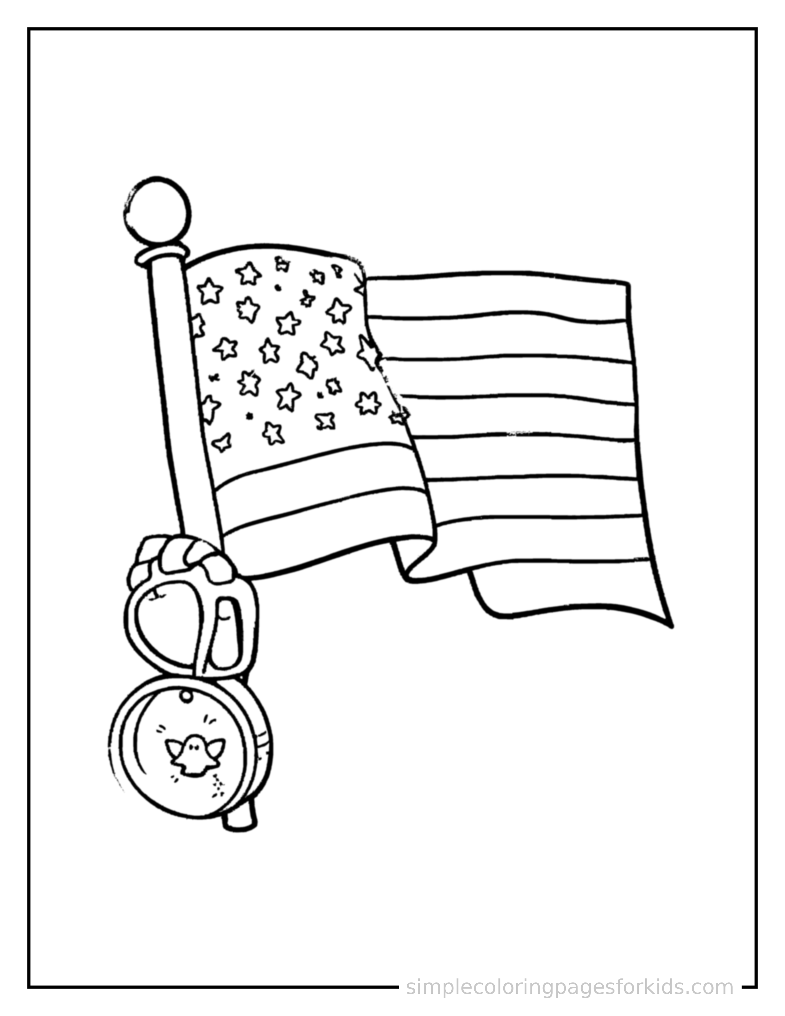 Free printable veterans day folded flag and a medal coloring page featuring a cute Veterans Day folded flag and a medal, shown from a slightly different angle with small decorative sparkle marks nearby.