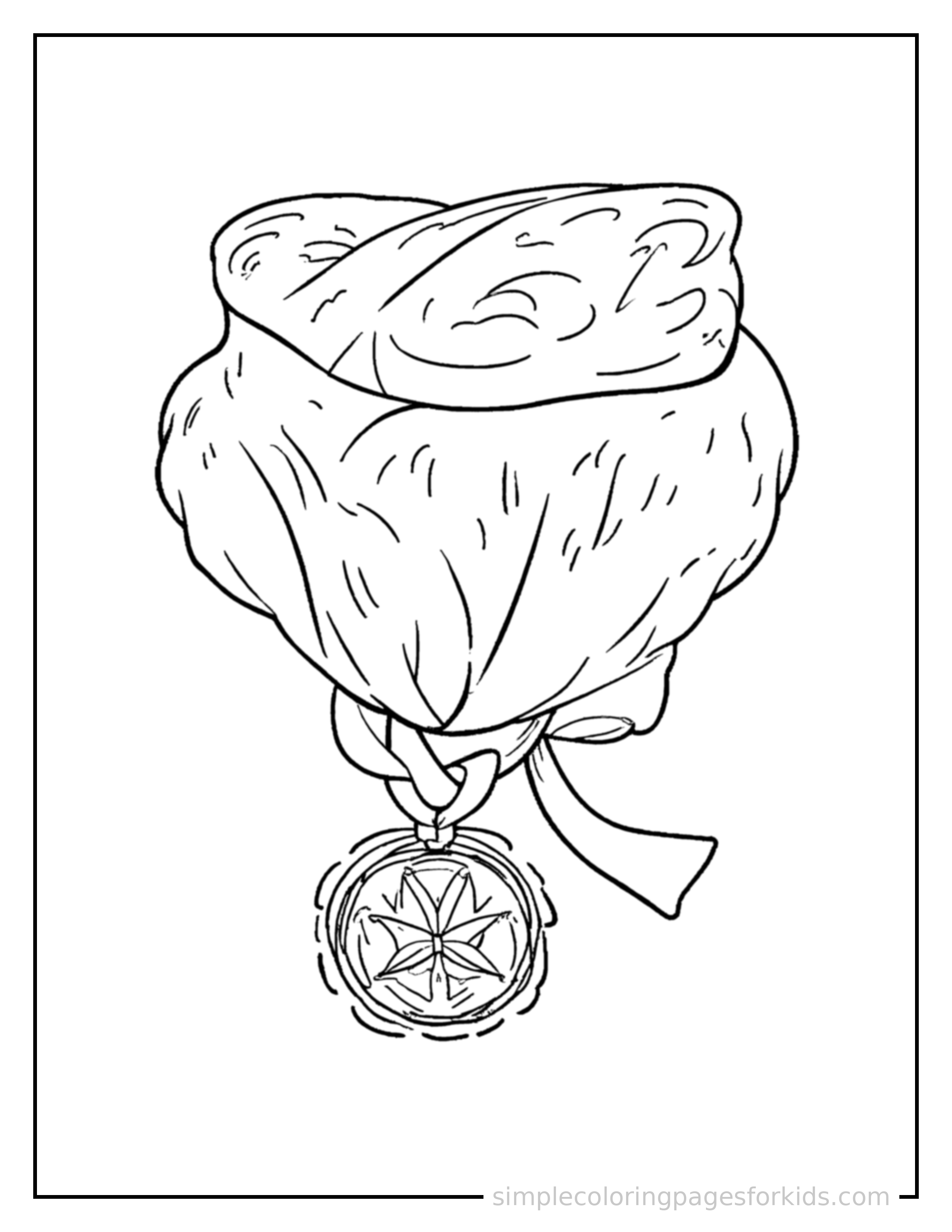 Free printable veterans day folded flag and a medal coloring page featuring a cute Veterans Day folded flag and a medal, decorated with a simple bow or ribbon for a festive touch.