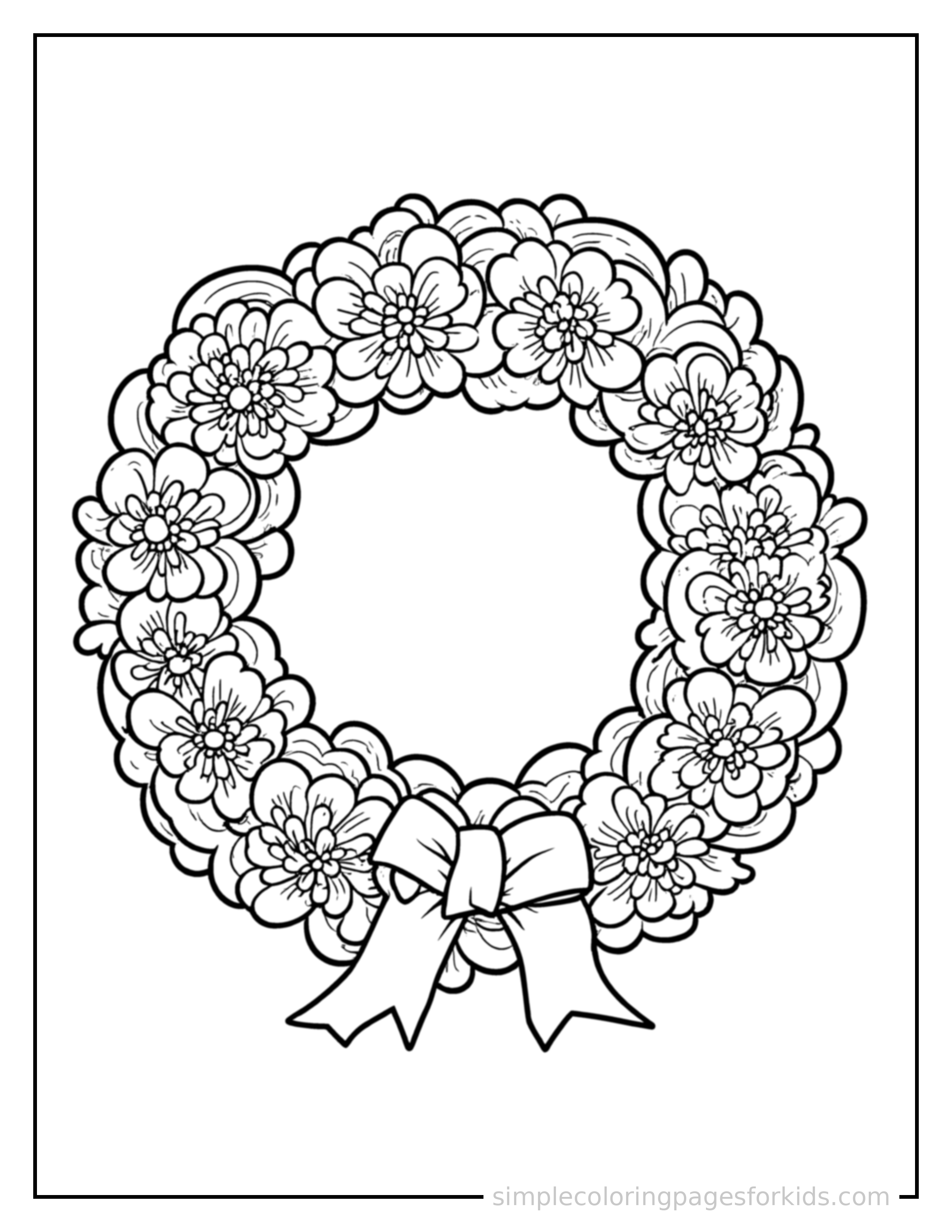 Free printable memorial day wreath and flag coloring page featuring a cute Memorial Day wreath and flag, shown as a simple central illustration with a cute smiling face.
