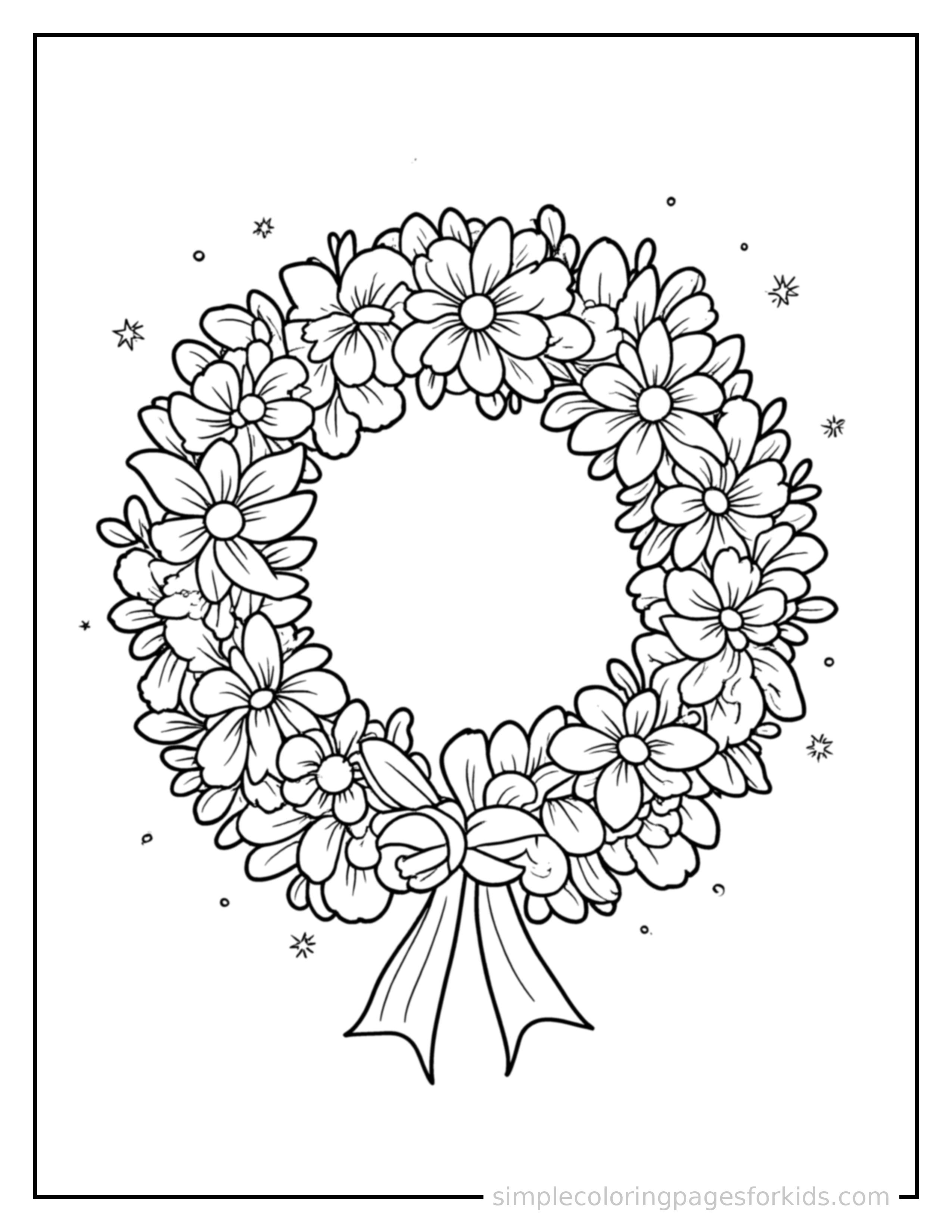 Free printable memorial day wreath and flag coloring page featuring a cute Memorial Day wreath and flag, shown from a slightly different angle with small decorative sparkle marks nearby.