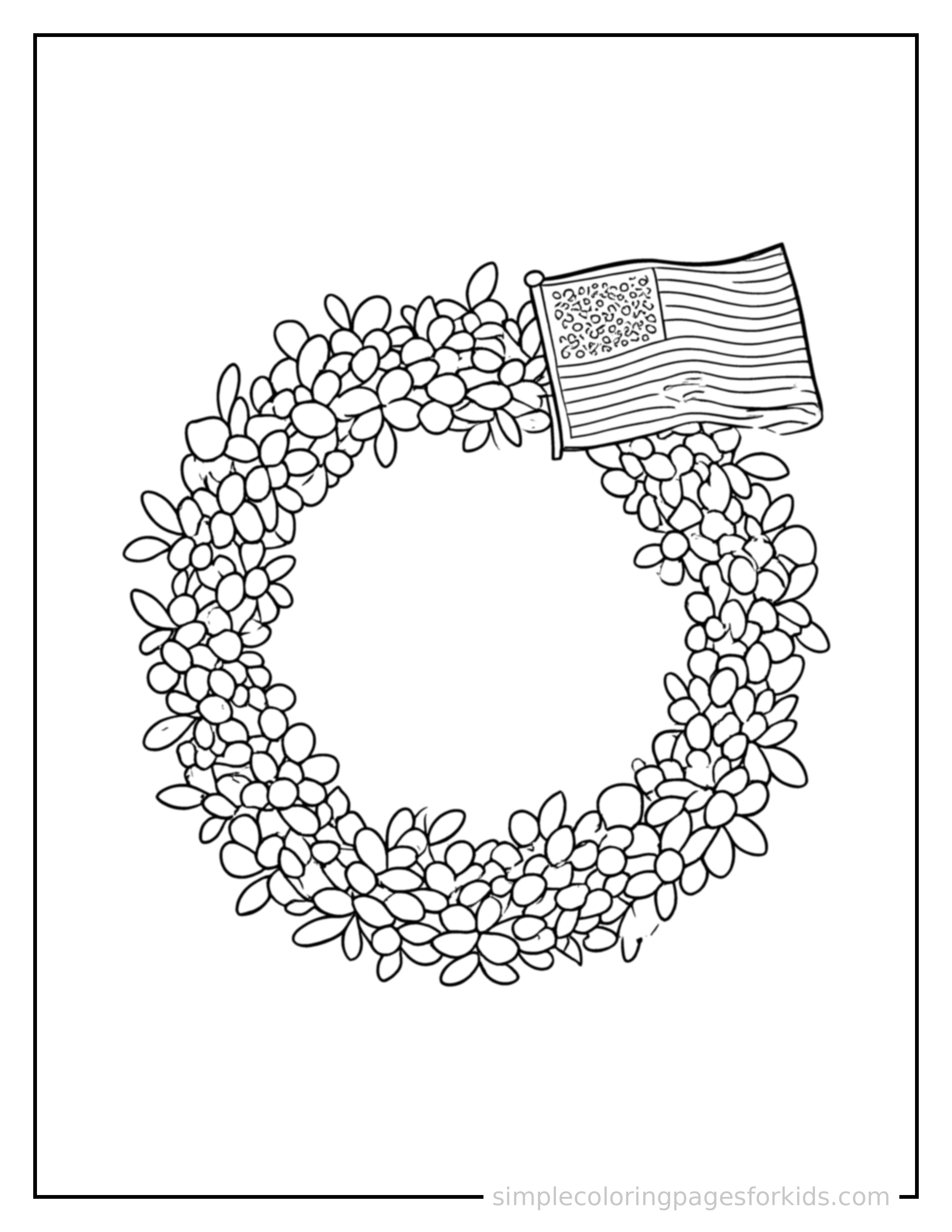 Free printable memorial day wreath and flag coloring page featuring a cute Memorial Day wreath and flag, shown with a smaller mini version of itself beside it.