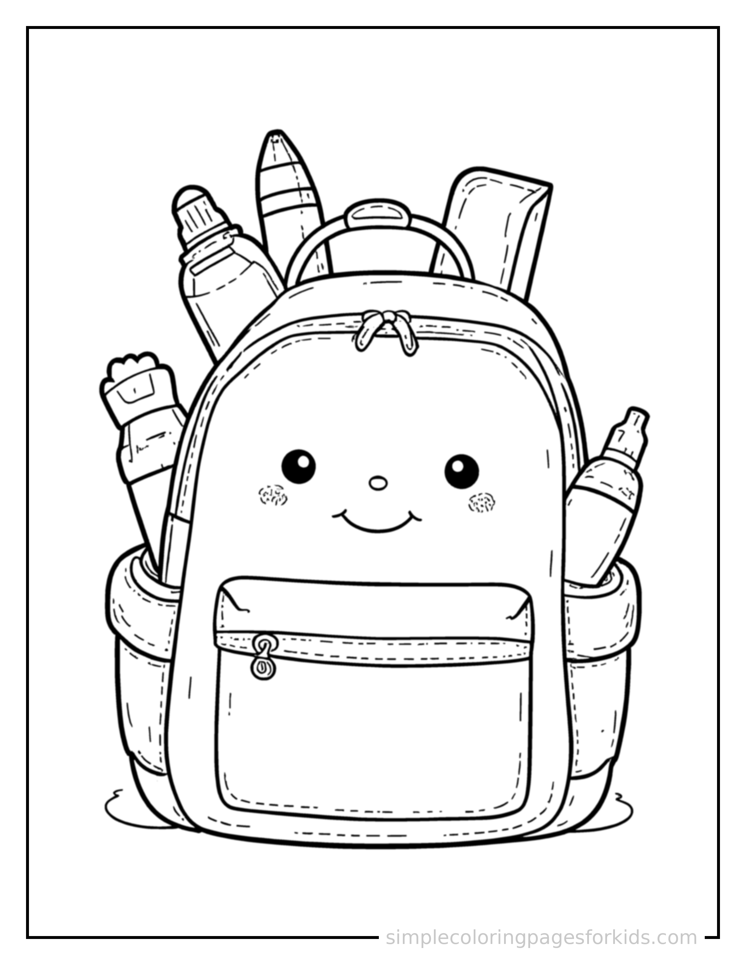 Free printable back to school backpack and school supplies coloring page featuring a cute Back to School backpack and school supplies, shown as a simple central illustration with a cute smiling face.