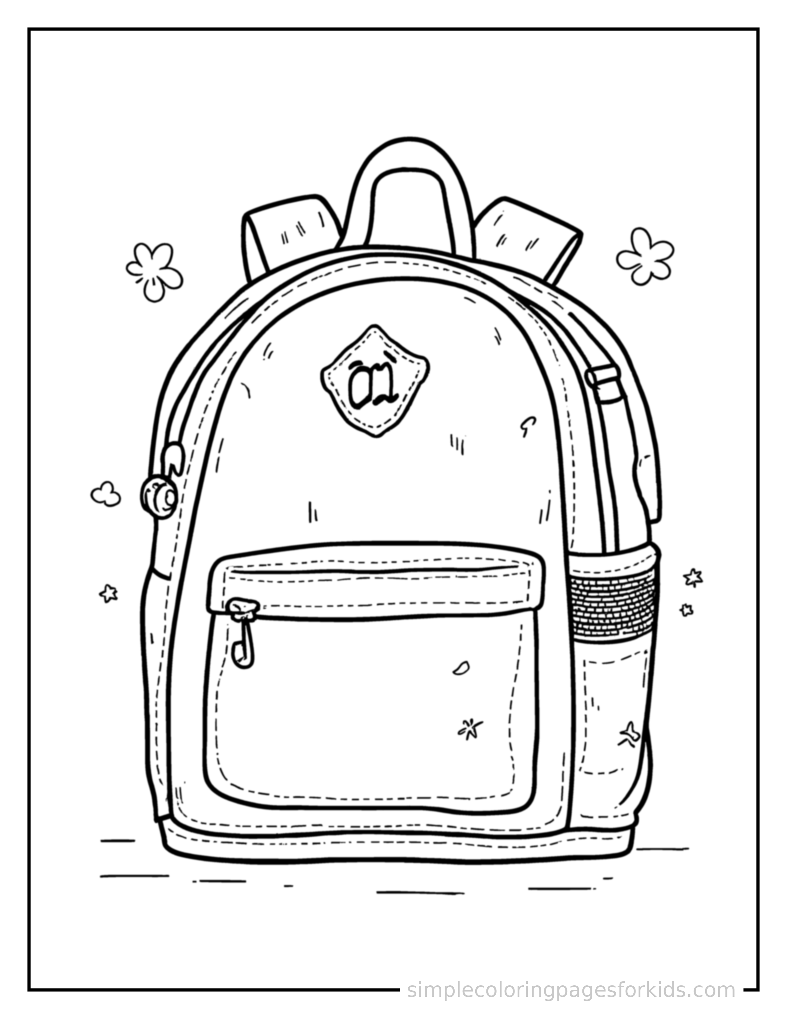 Free printable back to school backpack and school supplies coloring page featuring a cute Back to School backpack and school supplies, shown from a slightly different angle with small decorative sparkle marks nearby.