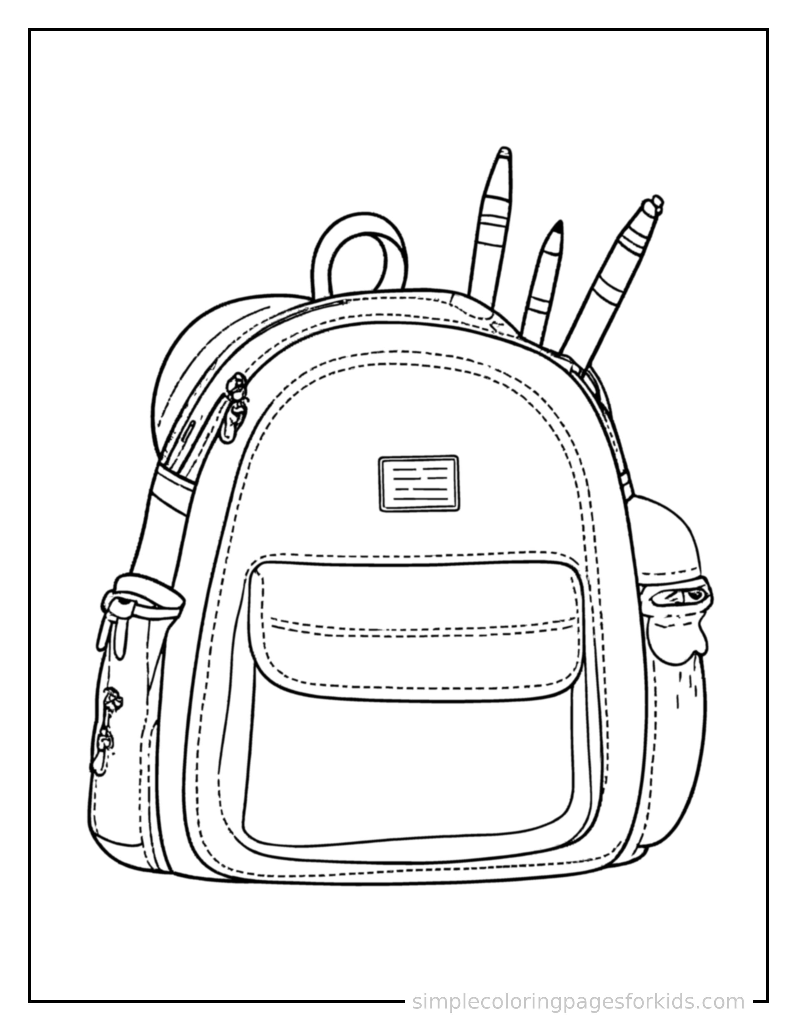 Free printable back to school backpack and school supplies coloring page featuring a cute Back to School backpack and school supplies, decorated with a simple bow or ribbon for a festive touch.