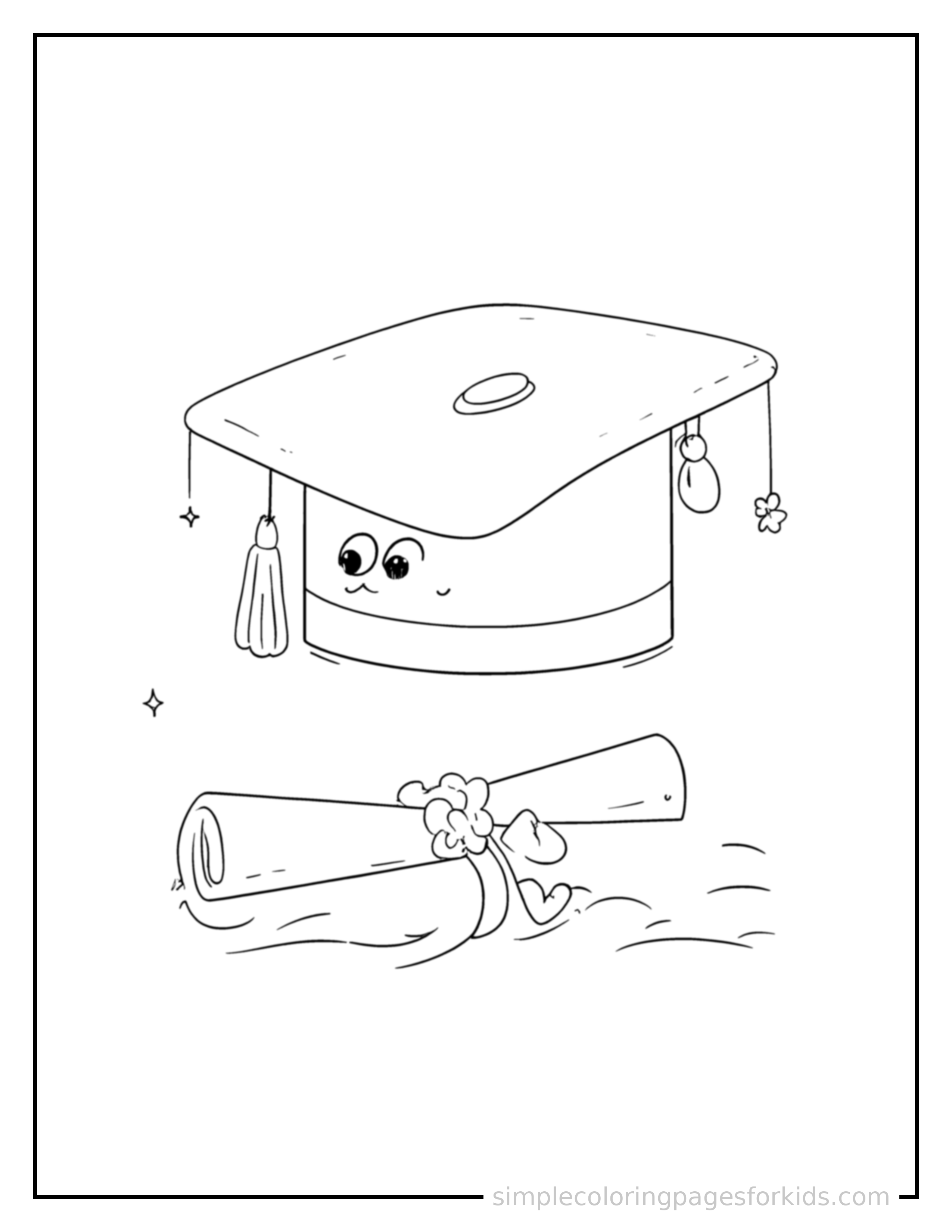Free printable graduation day cap and diploma coloring page featuring a cute Graduation Day cap and diploma, shown from a slightly different angle with small decorative sparkle marks nearby.