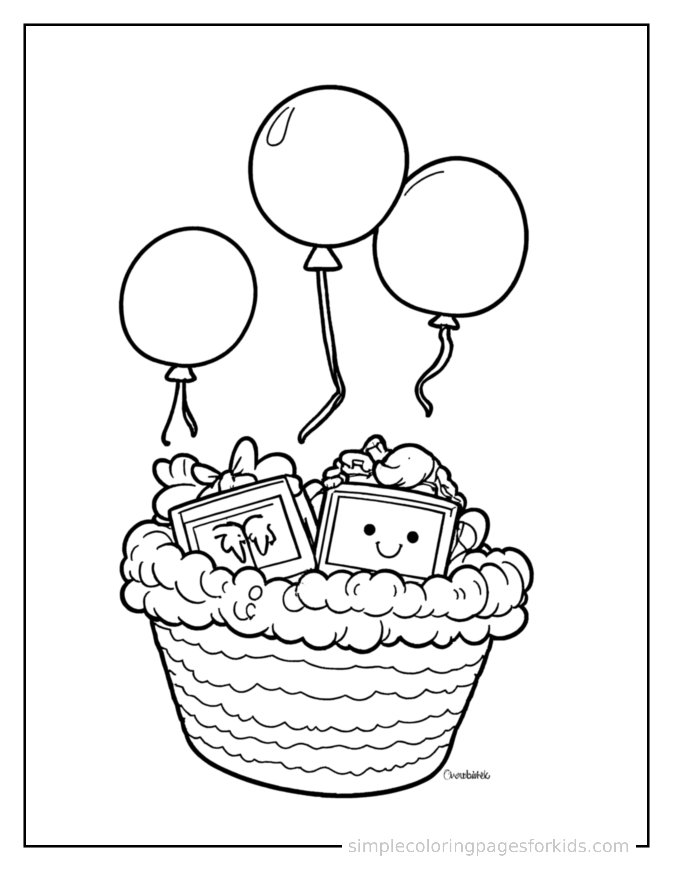 Free printable baby shower gift basket and balloons coloring page featuring a cute Baby Shower gift basket and balloons, shown as a simple central illustration with a cute smiling face.