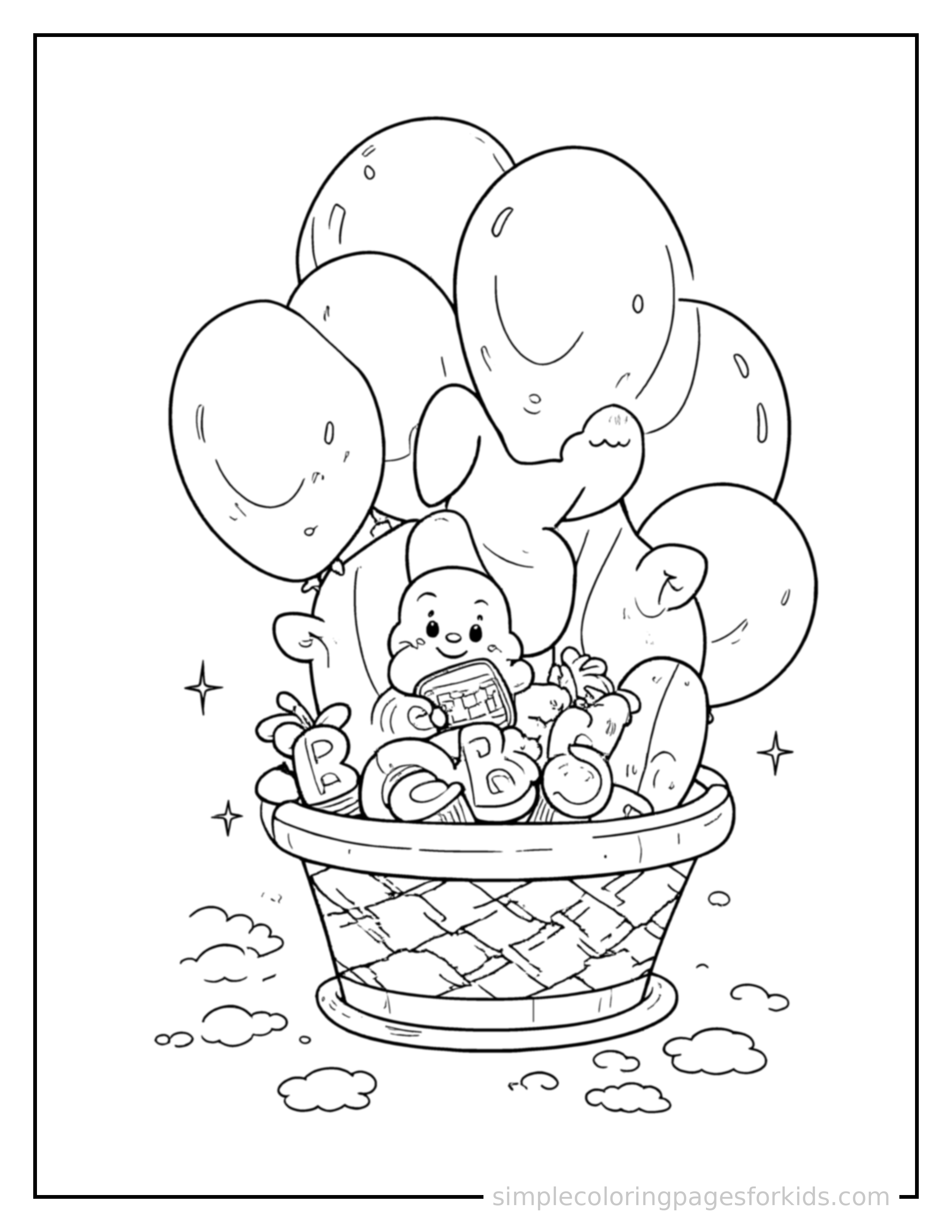 Free printable baby shower gift basket and balloons coloring page featuring a cute Baby Shower gift basket and balloons, shown from a slightly different angle with small decorative sparkle marks nearby.
