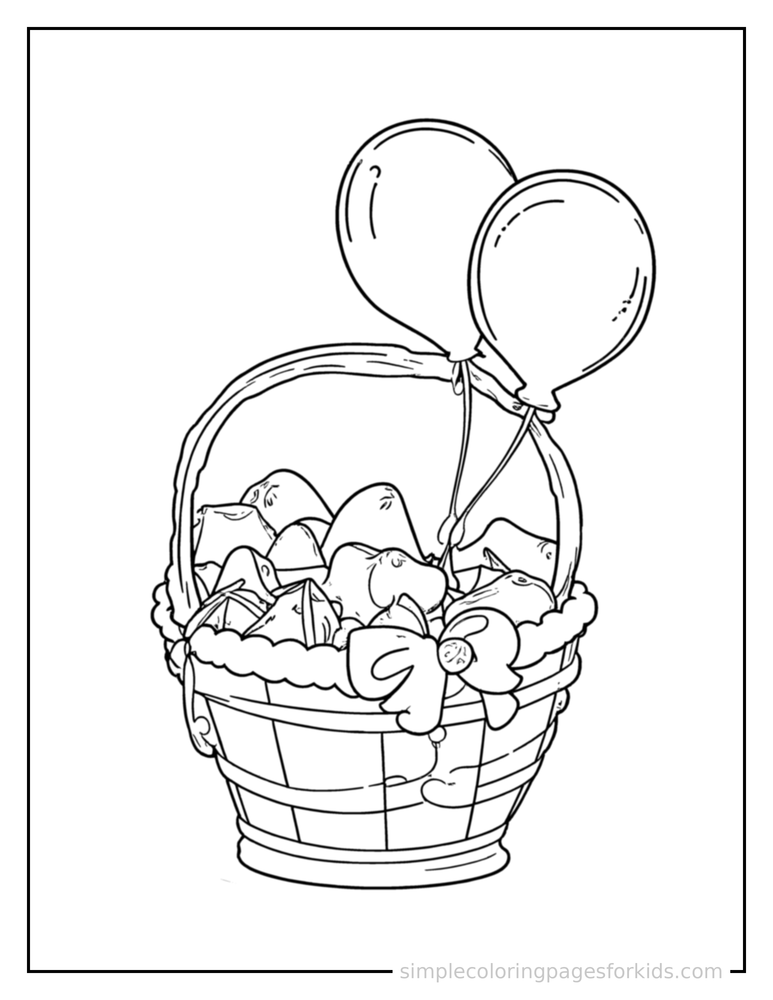 Free printable baby shower gift basket and balloons coloring page featuring a cute Baby Shower gift basket and balloons, decorated with a simple bow or ribbon for a festive touch.