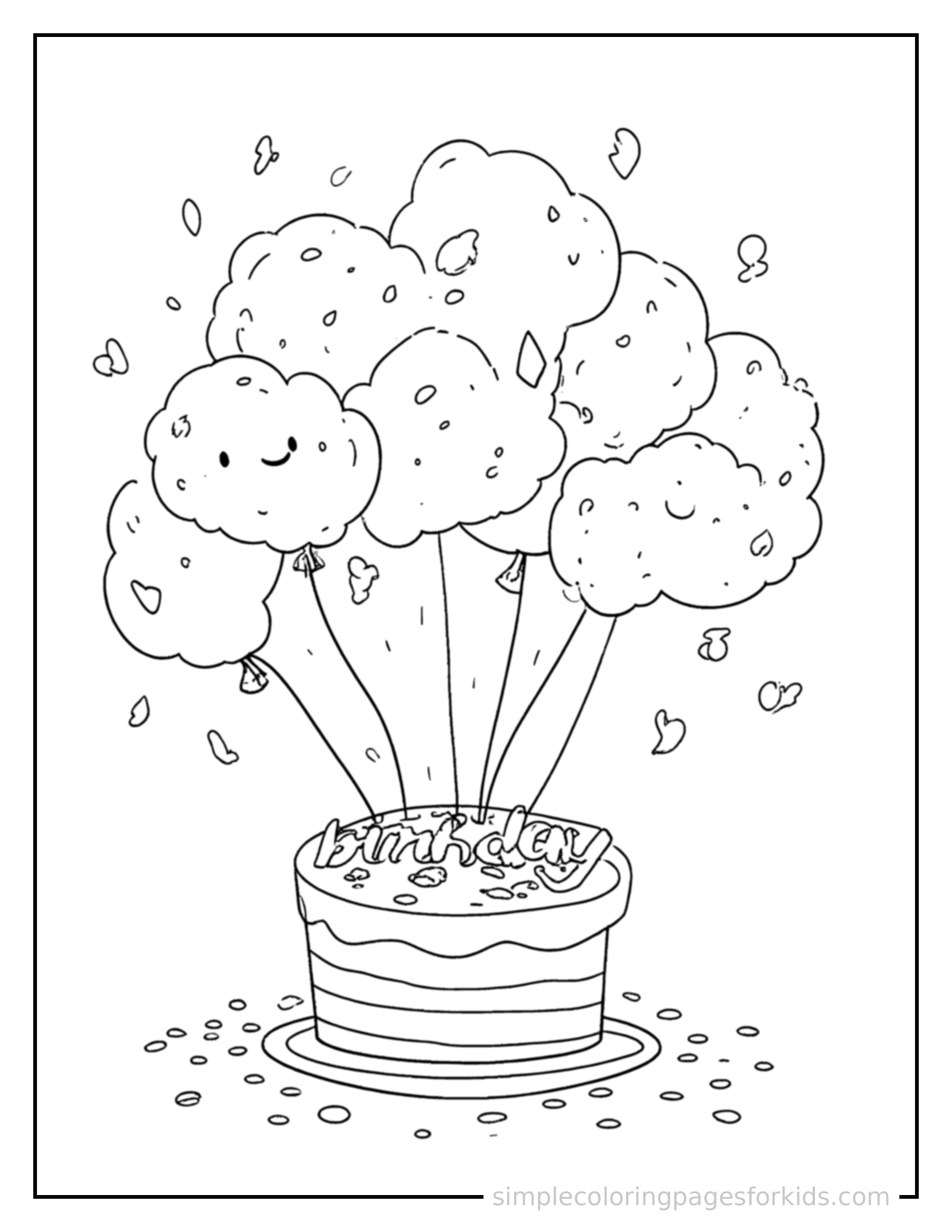 Free printable birthday party balloons and confetti coloring page featuring a cute Birthday Party balloons and confetti, shown as a simple central illustration with a cute smiling face.
