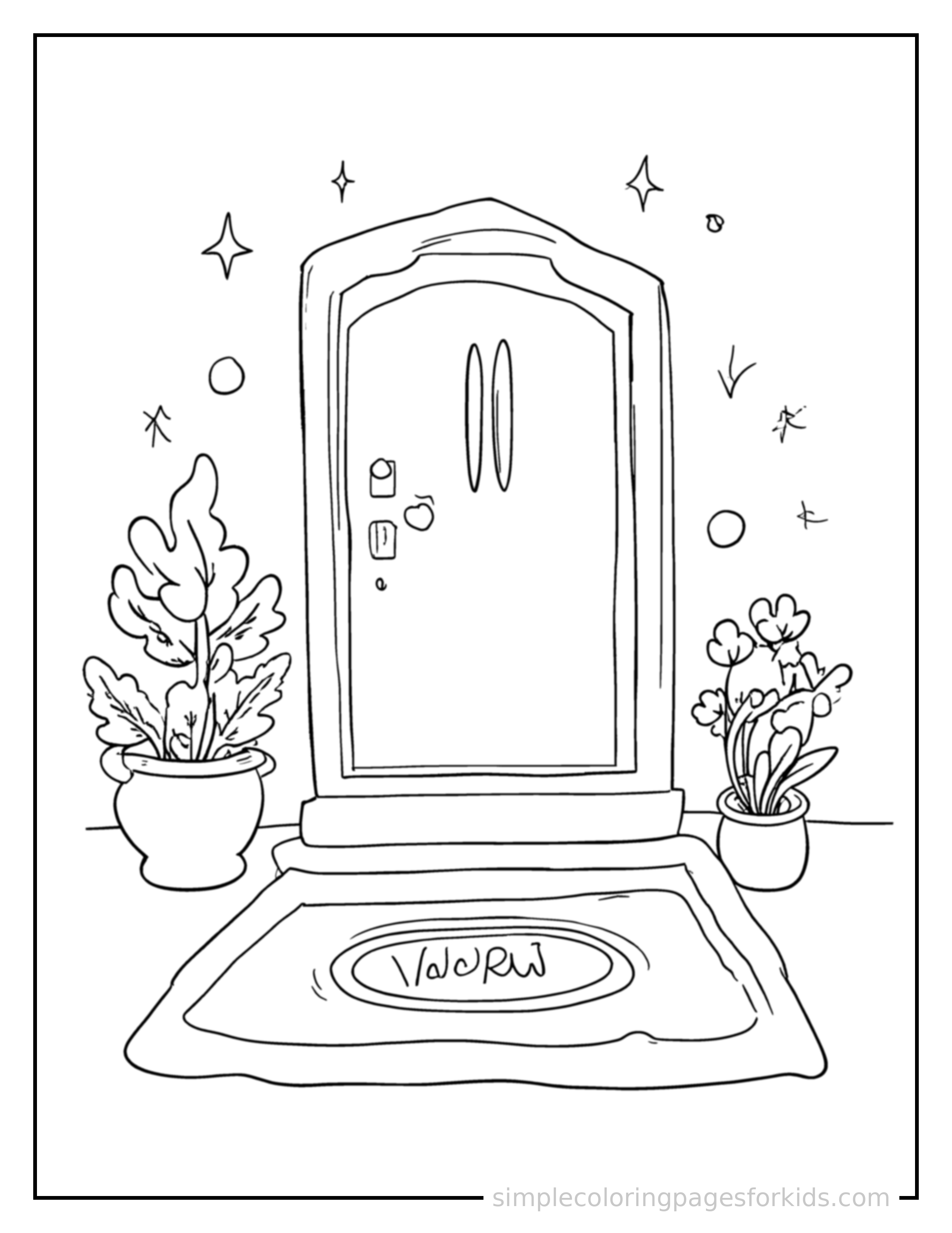 Free printable housewarming party welcome mat and a plant coloring page featuring a cute Housewarming Party welcome mat and a plant, shown from a slightly different angle with small decorative sparkle marks nearby.