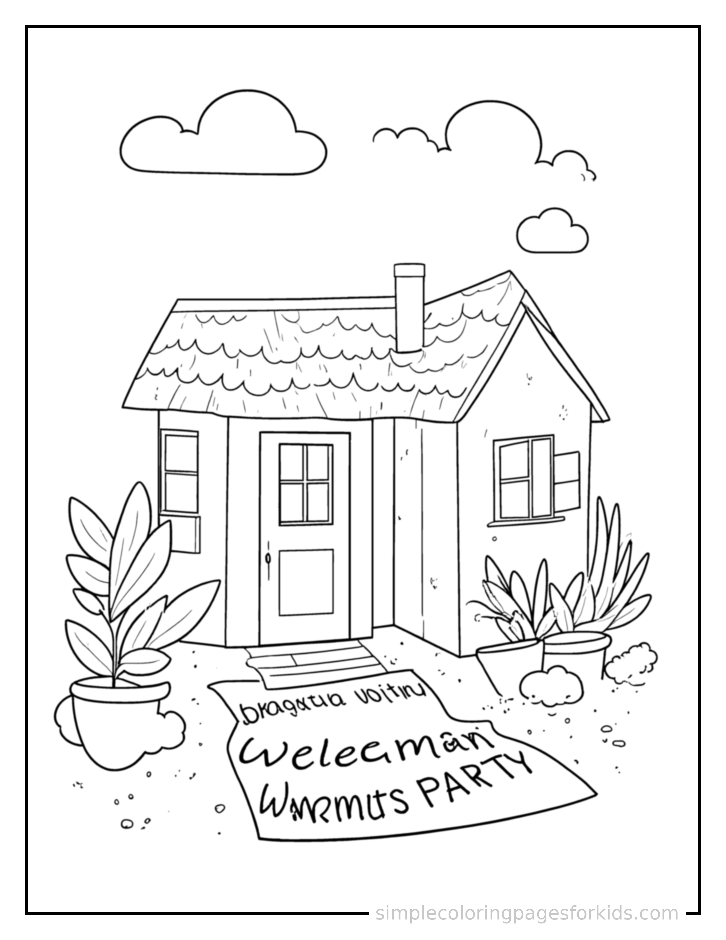 Free printable housewarming party welcome mat and a plant coloring page featuring a cute Housewarming Party welcome mat and a plant, shown with a smaller mini version of itself beside it.
