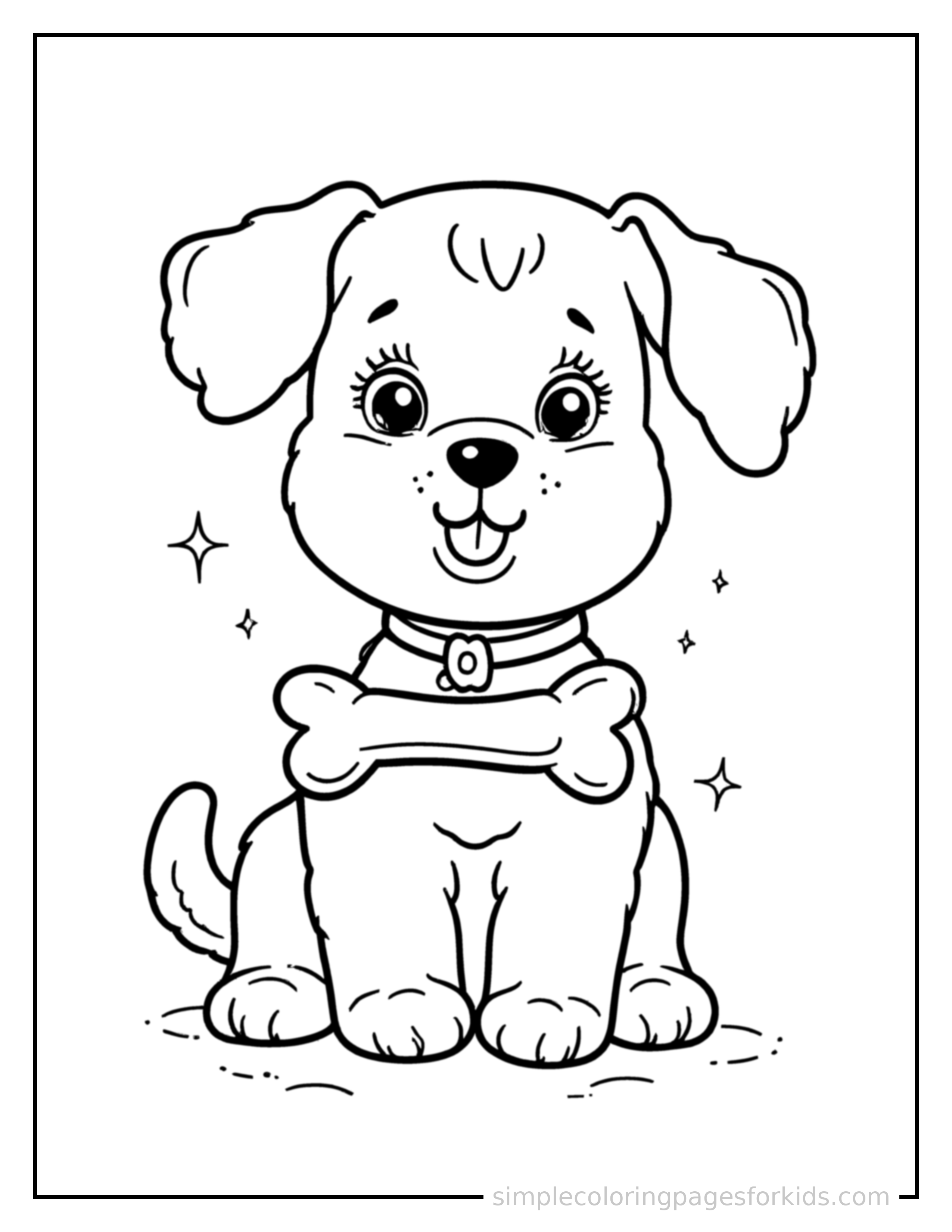 Free printable national pet day happy puppy with a bone coloring page featuring a cute National Pet Day happy puppy with a bone, shown from a slightly different angle with small decorative sparkle marks nearby.