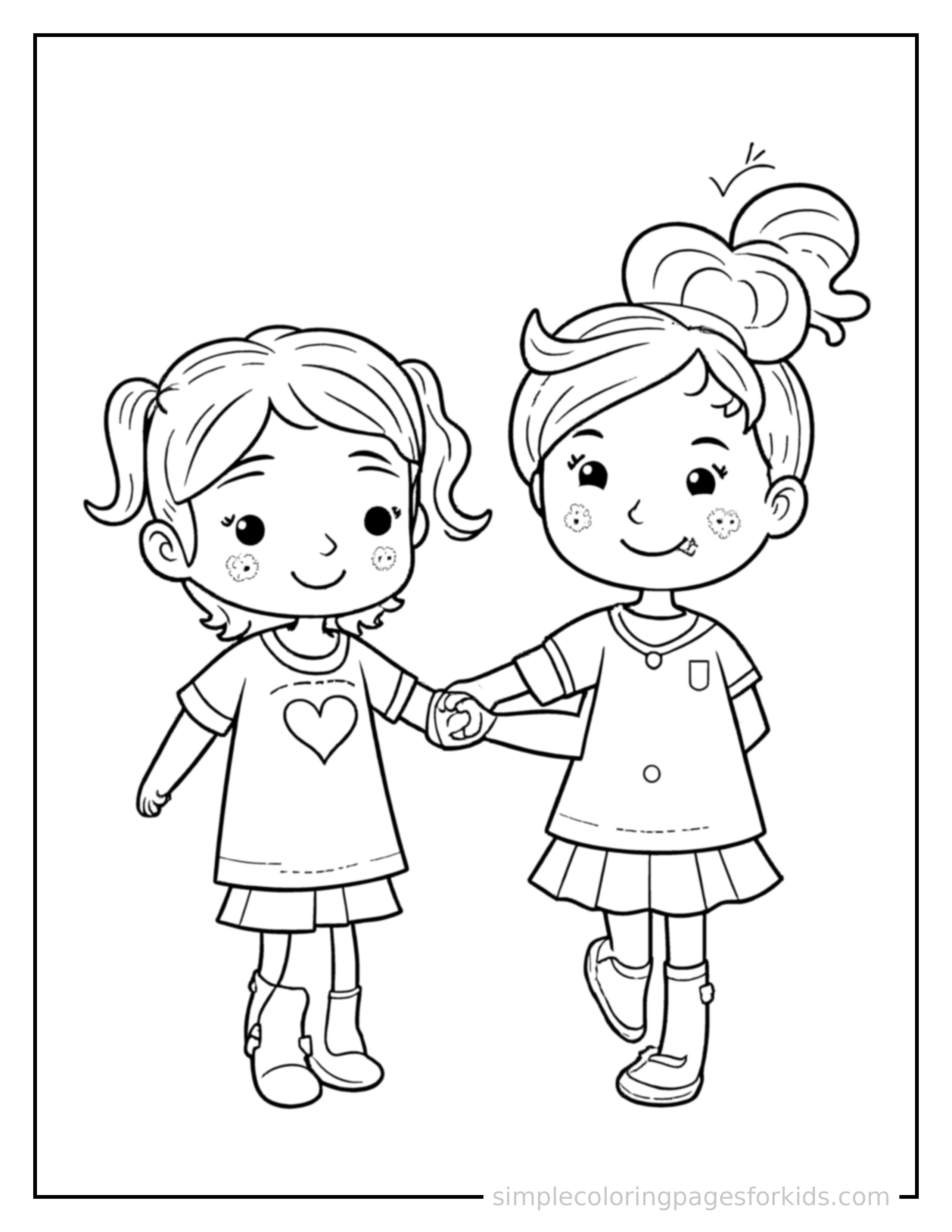 Free printable friendship day two friends holding hands coloring page featuring a cute Friendship Day two friends holding hands, shown as a simple central illustration with a cute smiling face.