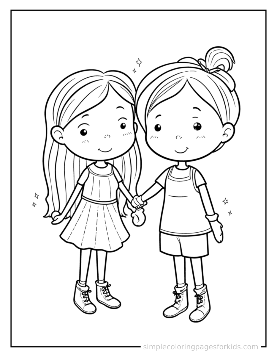 Sparkling Friendship Day Two Friends Holding Hands Coloring Page