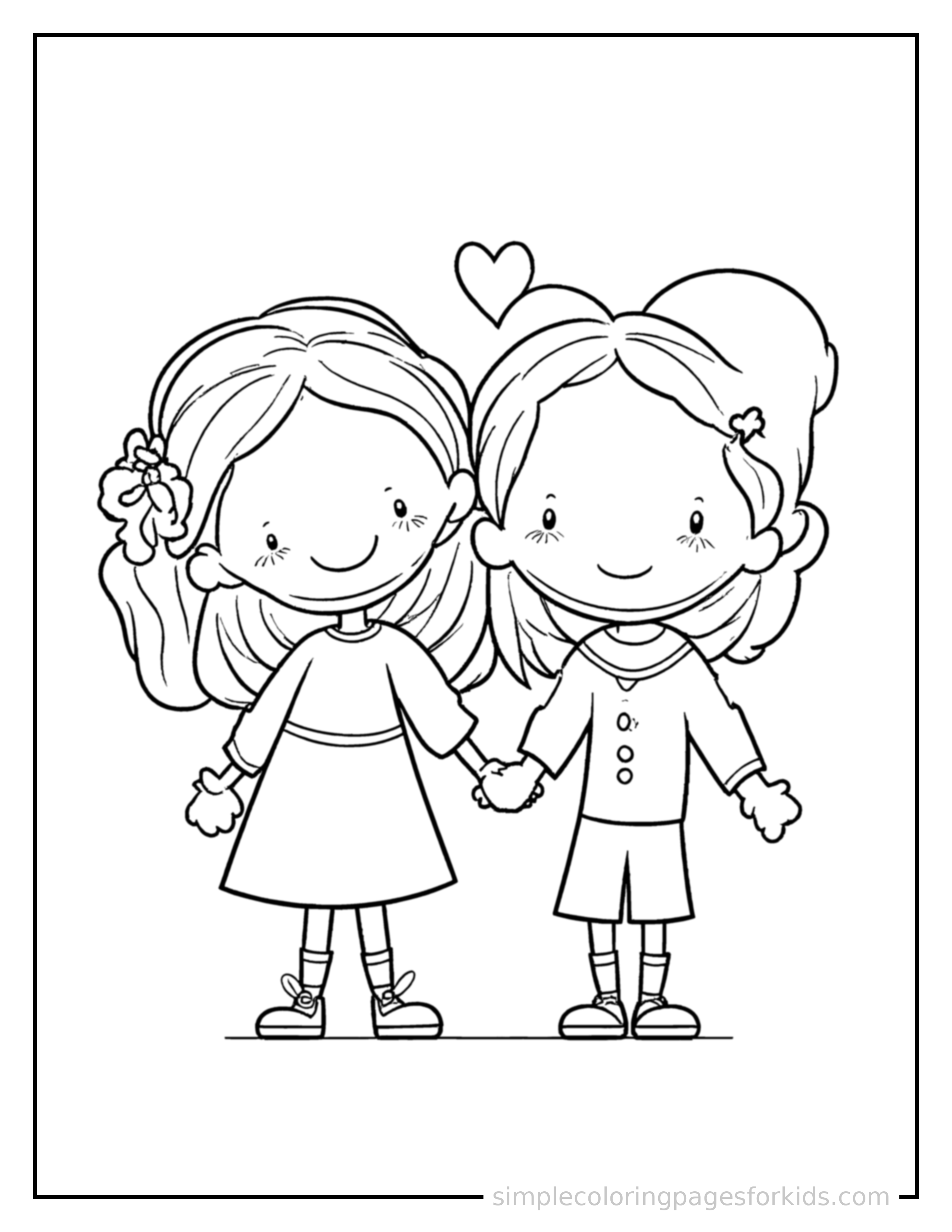 Free printable friendship day two friends holding hands coloring page featuring a cute Friendship Day two friends holding hands, shown with a smaller mini version of itself beside it.