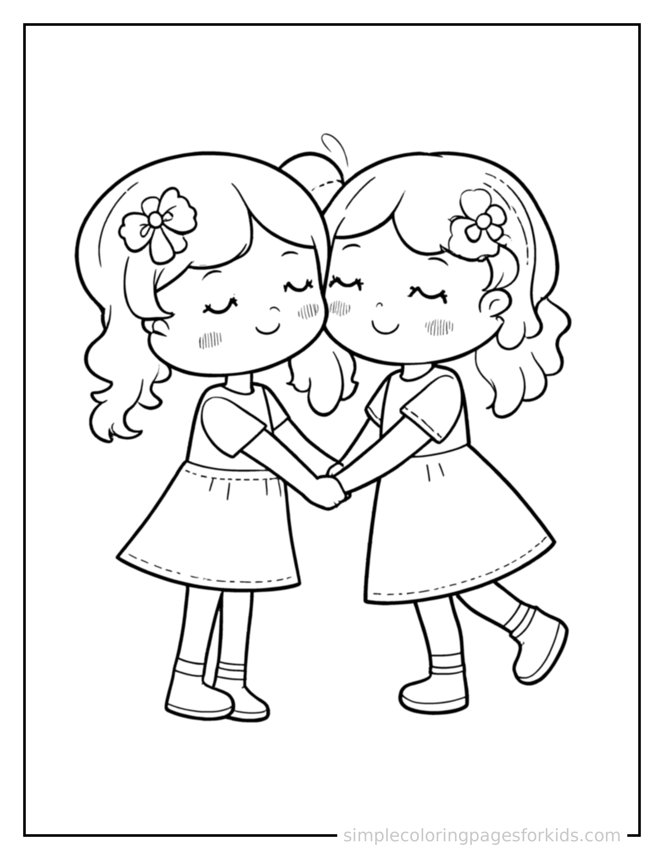 Free printable friendship day two friends holding hands coloring page featuring a cute Friendship Day two friends holding hands, decorated with a simple bow or ribbon for a festive touch.