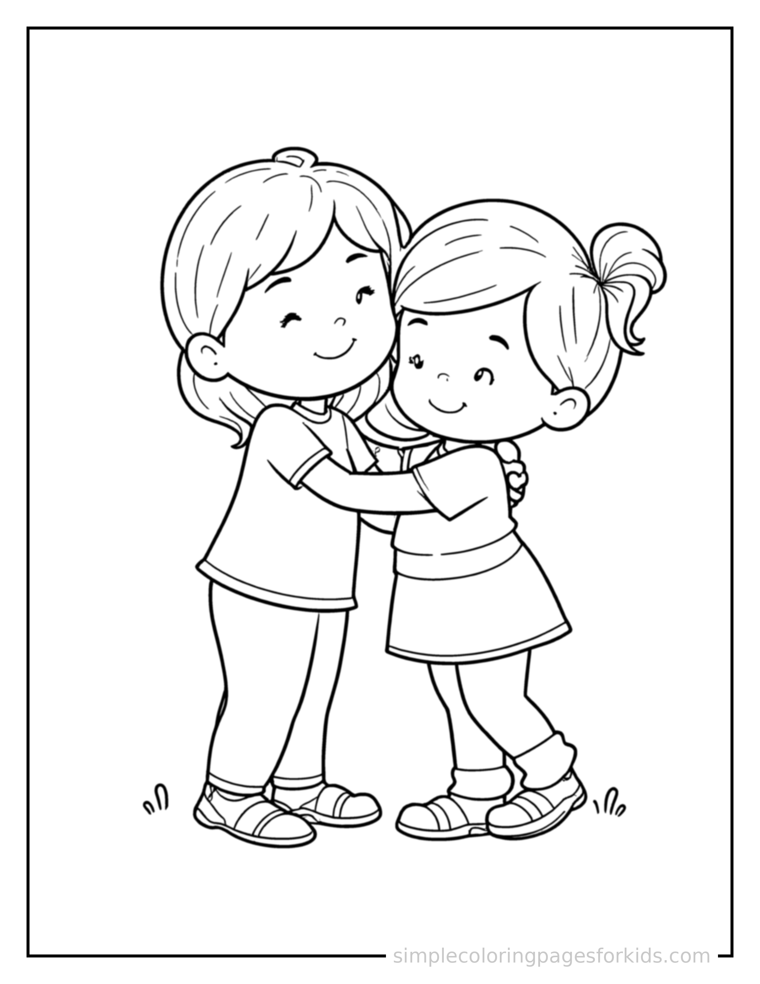 Free printable sibling day two kids hugging coloring page featuring a cute Sibling Day two kids hugging, shown with a smaller mini version of itself beside it.