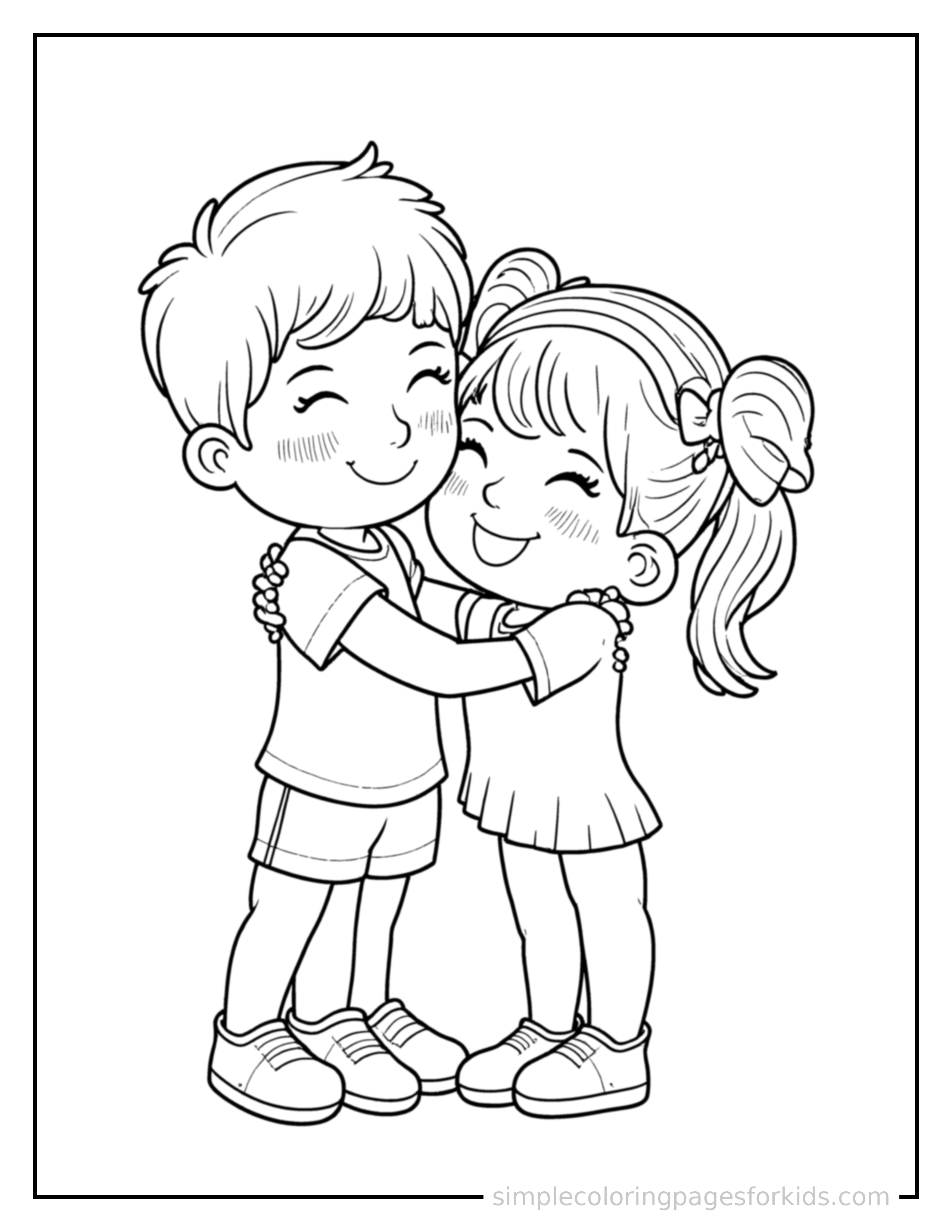 Free printable sibling day two kids hugging coloring page featuring a cute Sibling Day two kids hugging, decorated with a simple bow or ribbon for a festive touch.