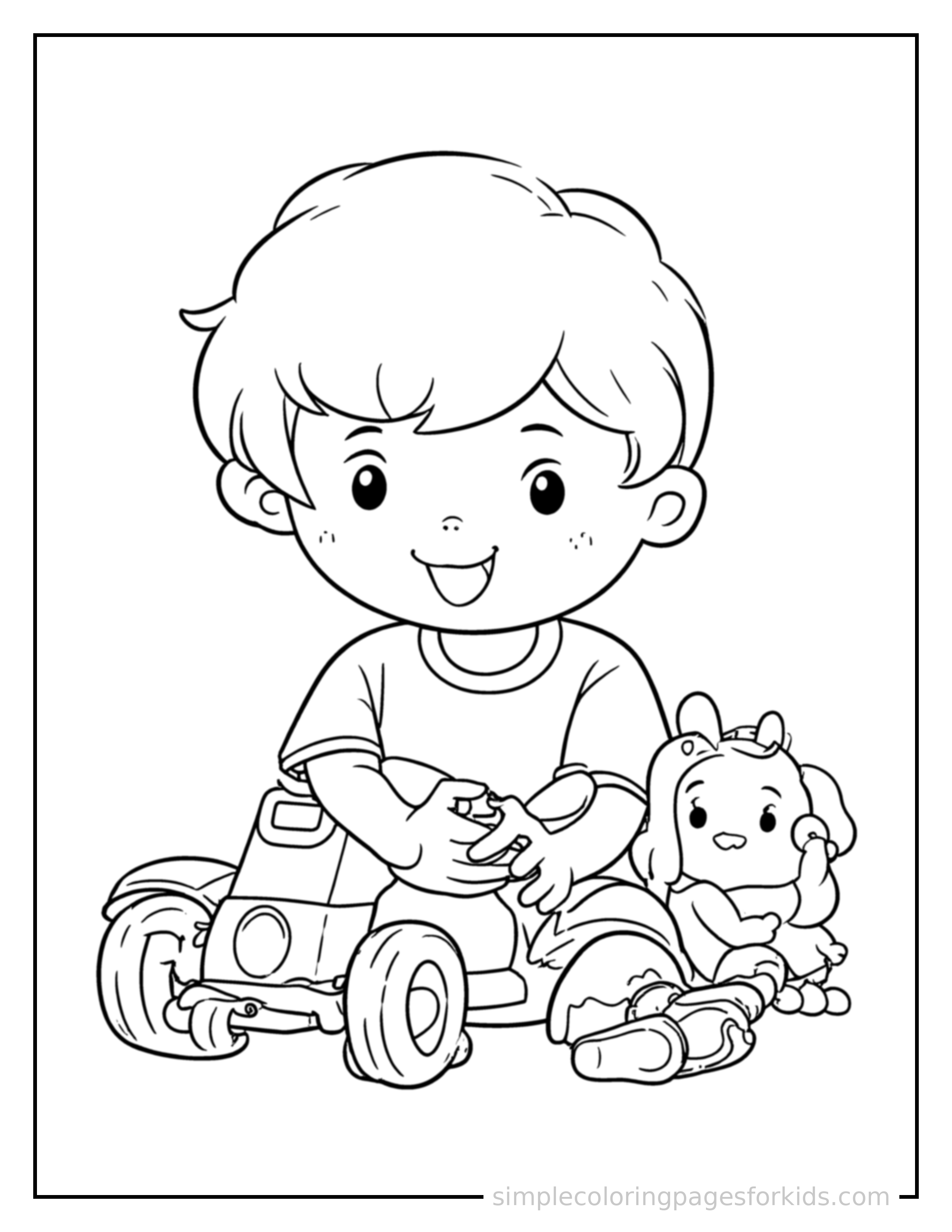 Free printable children's day kids playing with toys coloring page featuring a cute Children's Day kids playing with toys, shown as a simple central illustration with a cute smiling face.