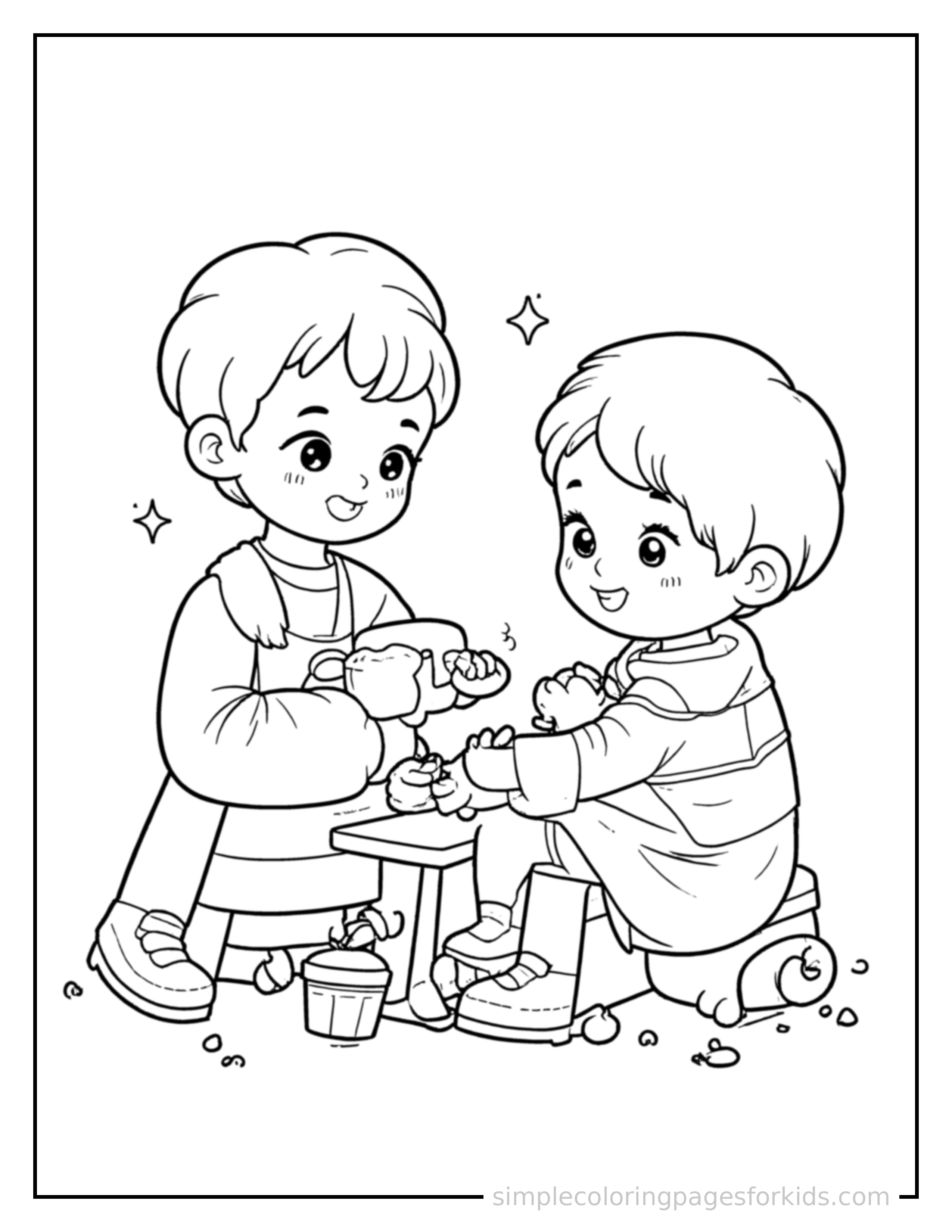 Free printable children's day kids playing with toys coloring page featuring a cute Children's Day kids playing with toys, shown from a slightly different angle with small decorative sparkle marks nearby.