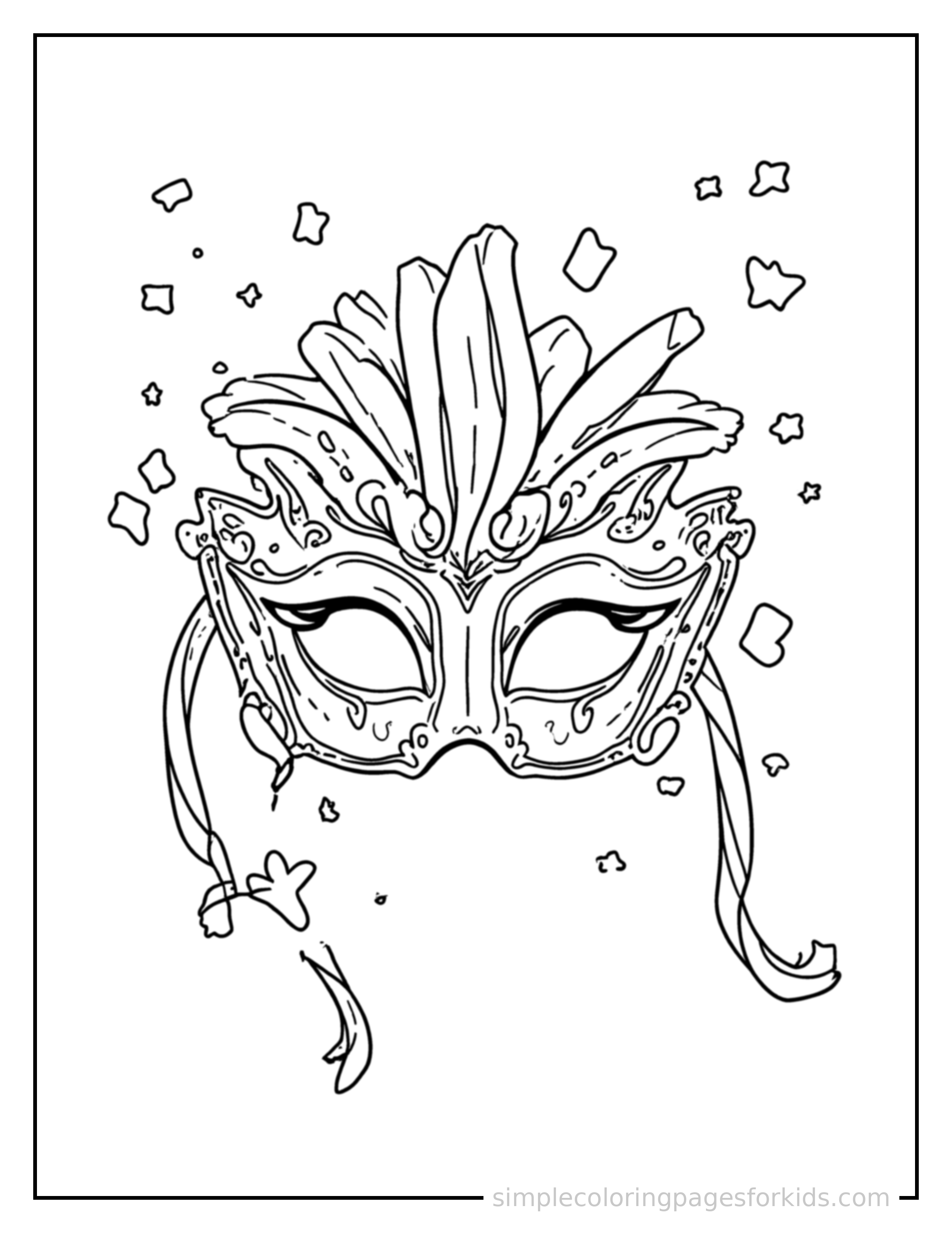 Free printable carnival mask and colorful confetti coloring page featuring a cute Carnival mask and colorful confetti, shown from a slightly different angle with small decorative sparkle marks nearby.
